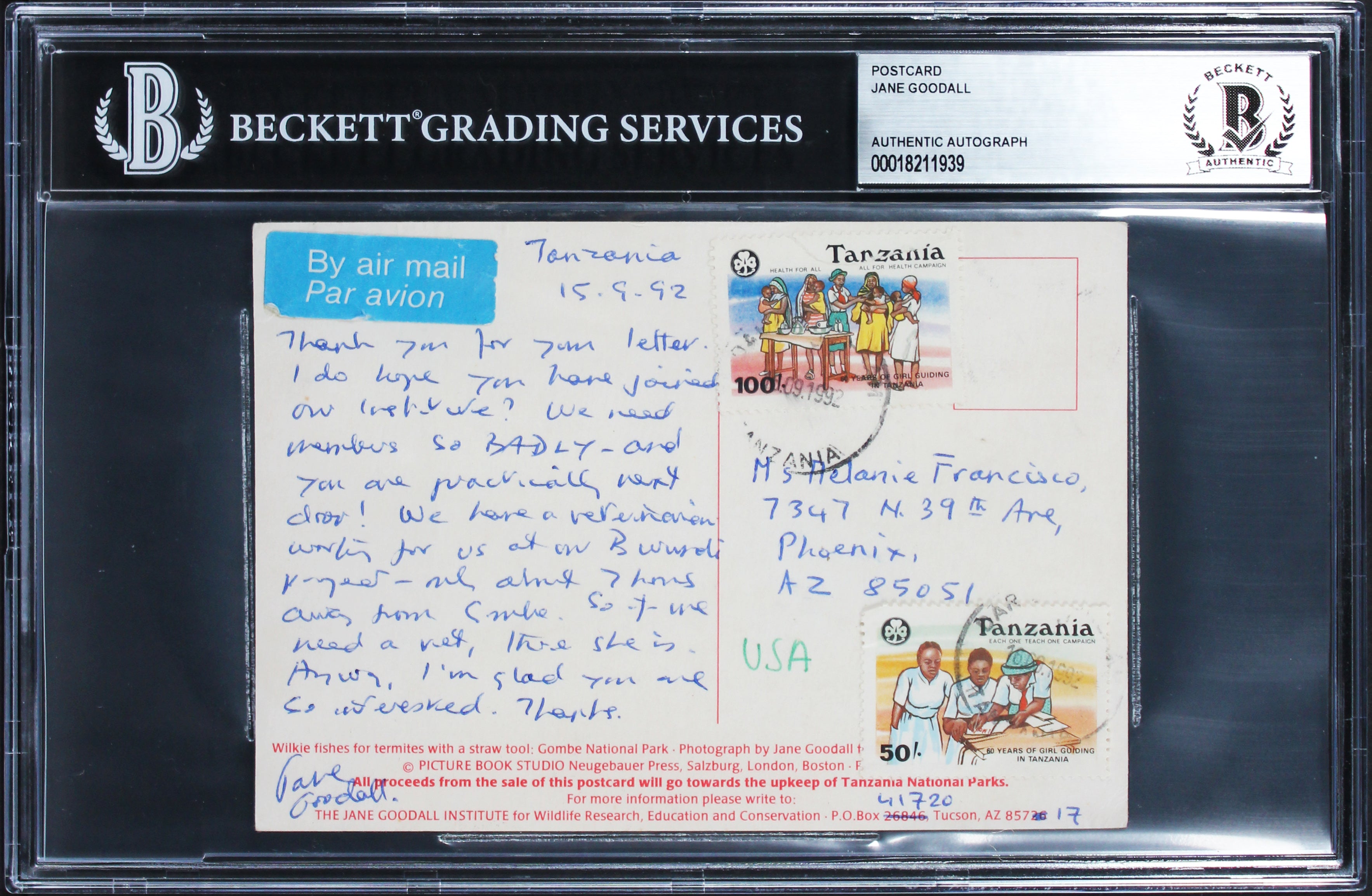 Jane Goodall Chimps Like Us Signed 4x5.5 Handwritten Letter BAS Slabbed