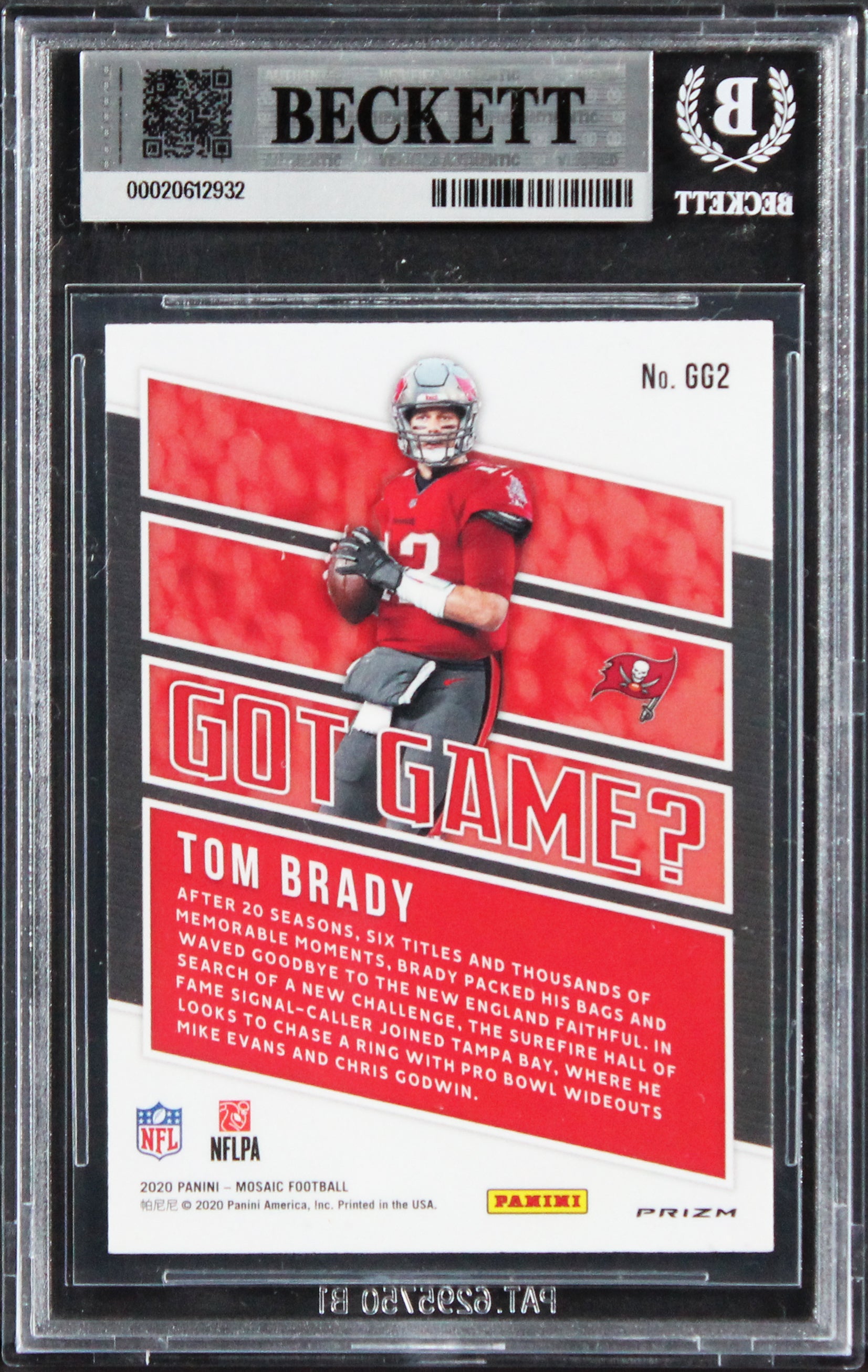 Buccaneers Tom Brady Signed 2020 Panini Mosaic #2 Got Game Card Auto 9 BAS Slabb