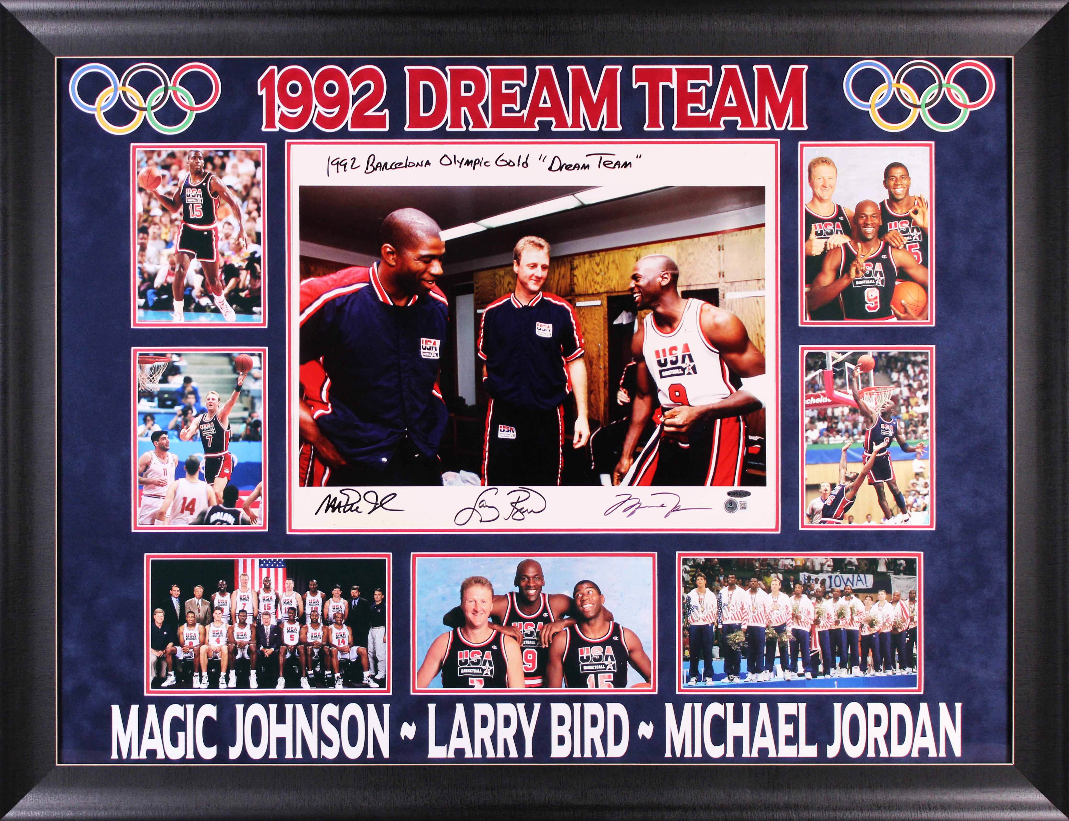 (3) Jordan Magic Bird "92 Barcelona Olympic Gold" Signed 16x20 Framed Photo BAS