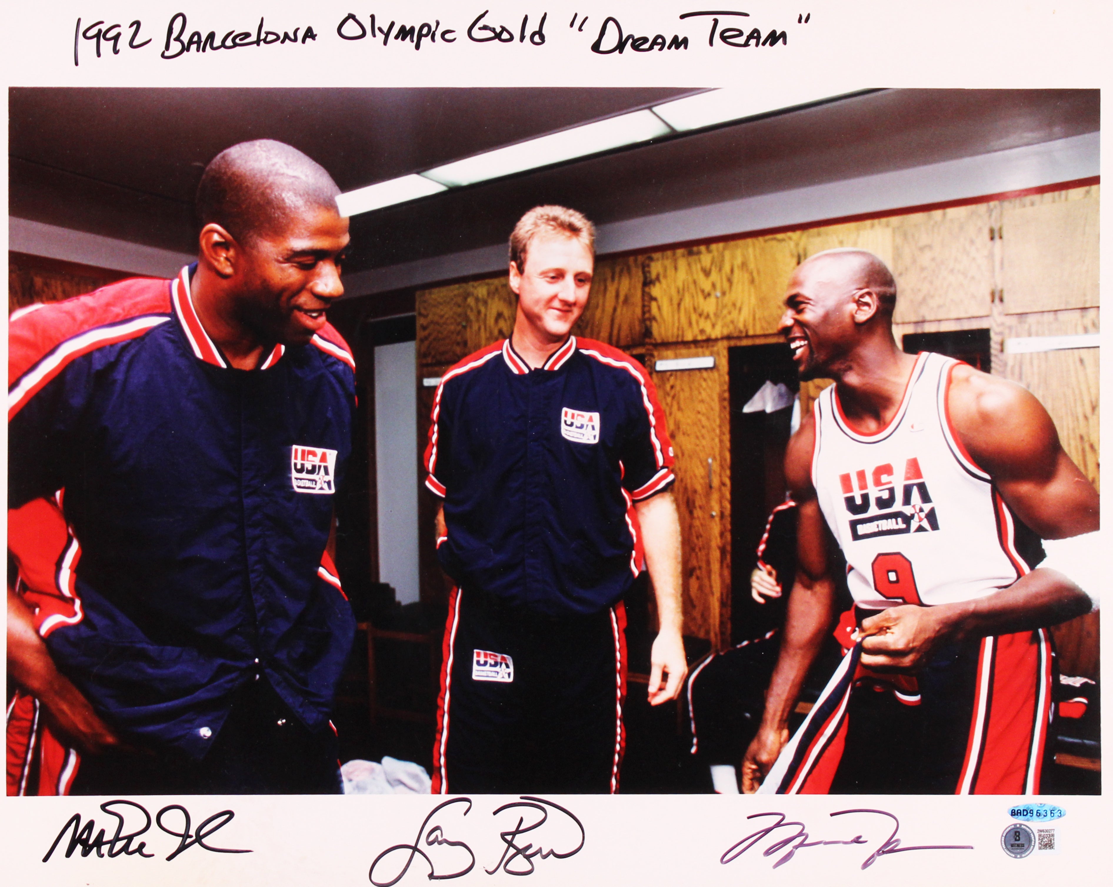 (3) Jordan Magic Bird "92 Barcelona Olympic Gold" Signed 16x20 Framed Photo BAS