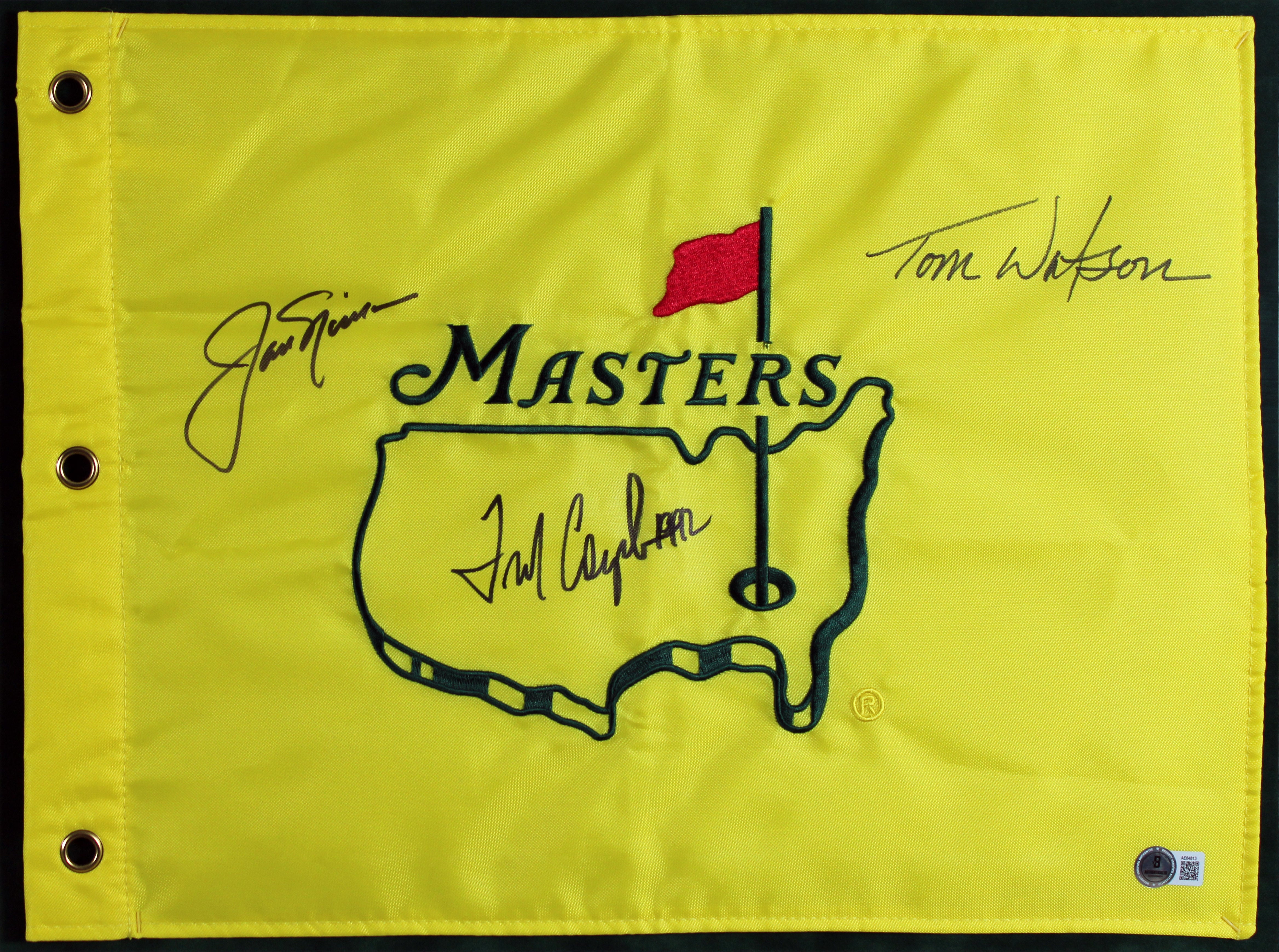 Jack Nicklaus, Tom Watson & Fred Couples Signed & Framed Masters Pin Flag BAS