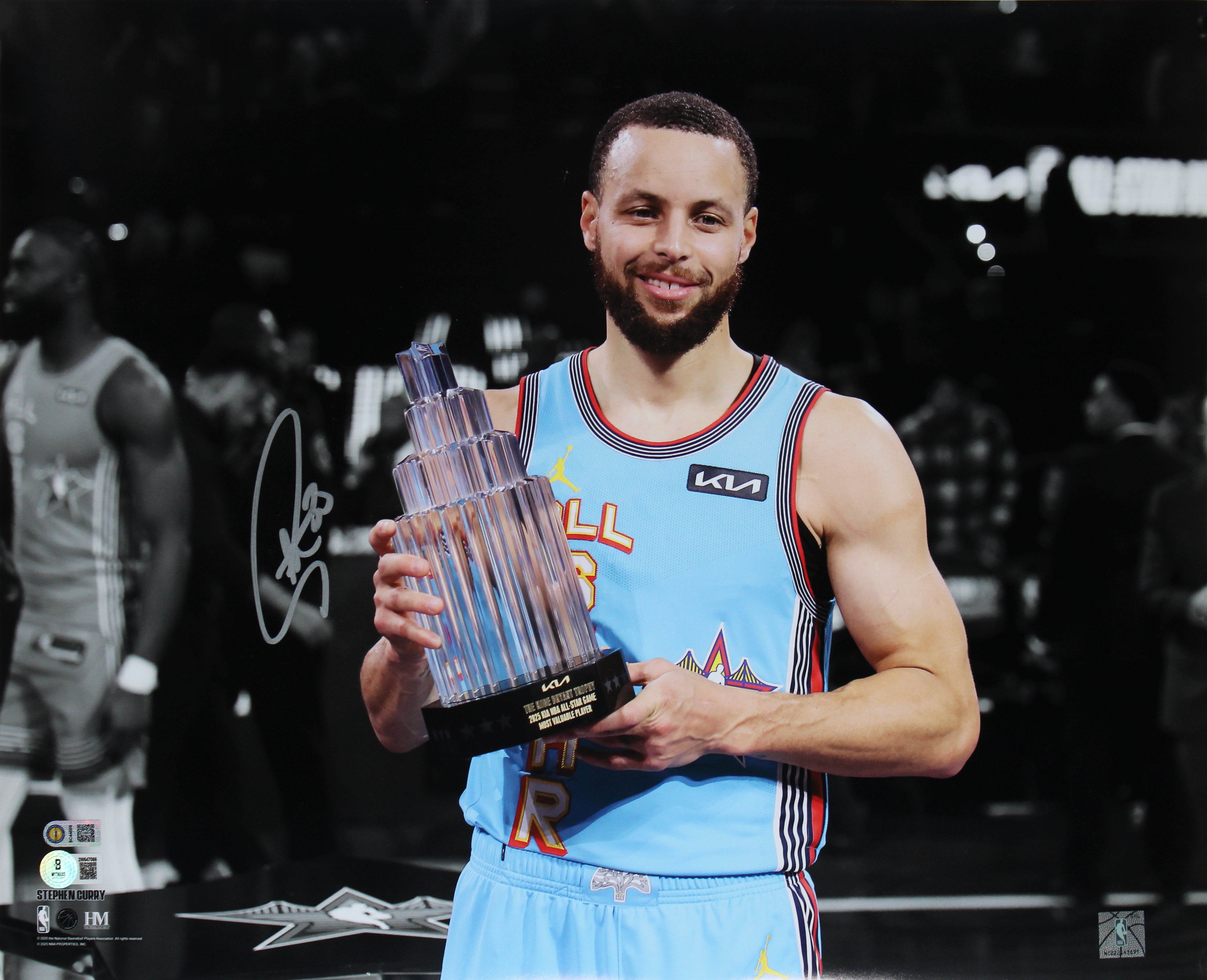 Warriors Stephen Curry Signed 16x20 2025 ASG MVP Trophy Spotlight Photo BAS Wit