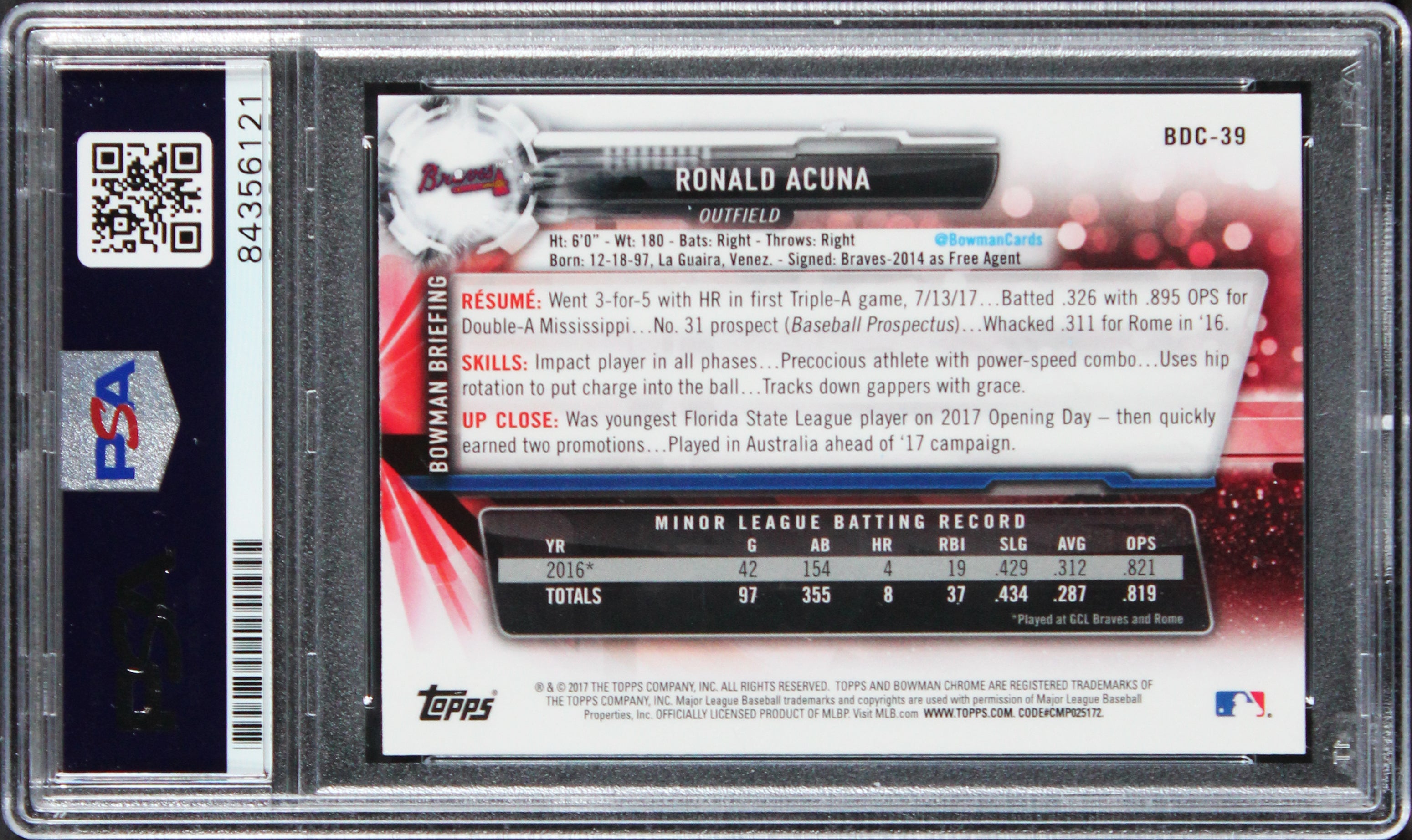 Braves Ronald Acuna Jr. Signed 2017 Bowman Chrome #BDC-39 Rookie Card PSA Slab