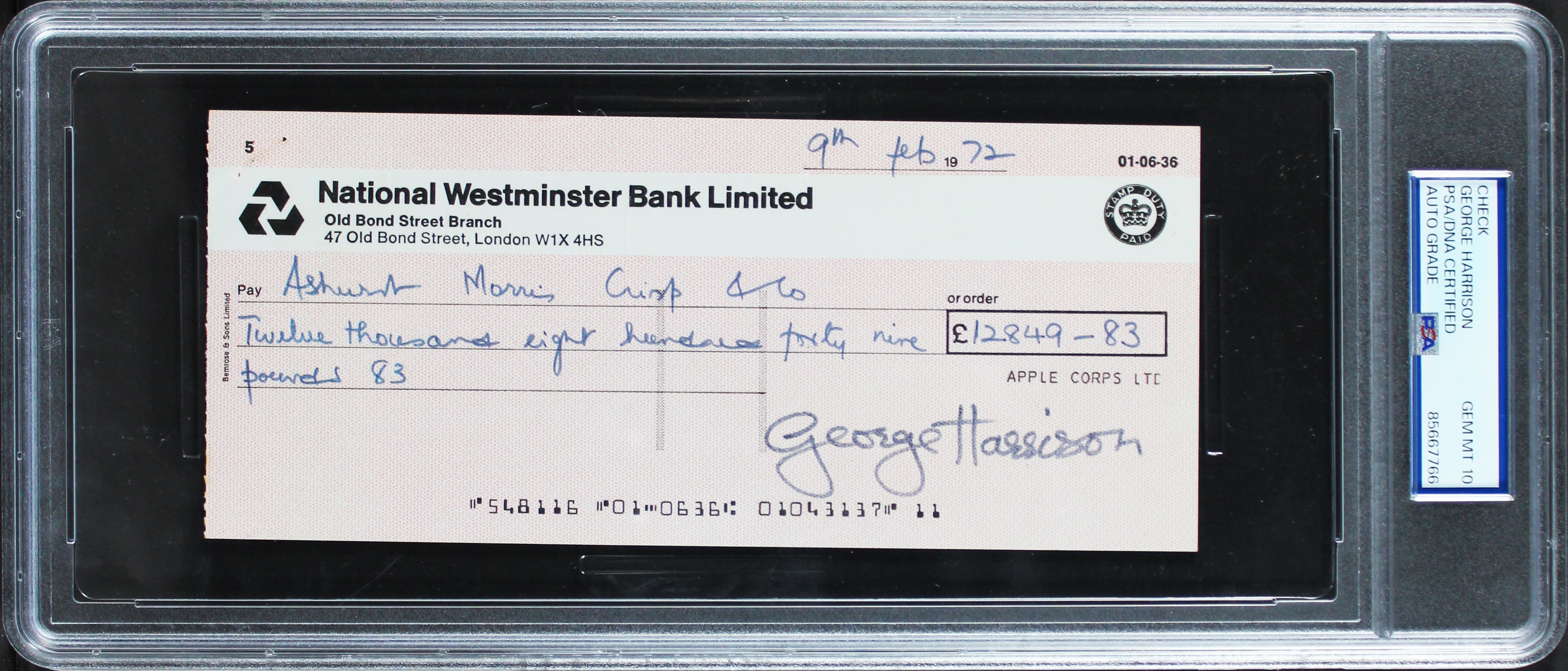 George Harrison The Beatles Signed 3.5x8 1972 Apple Corporation Auto 10 PSA Slab