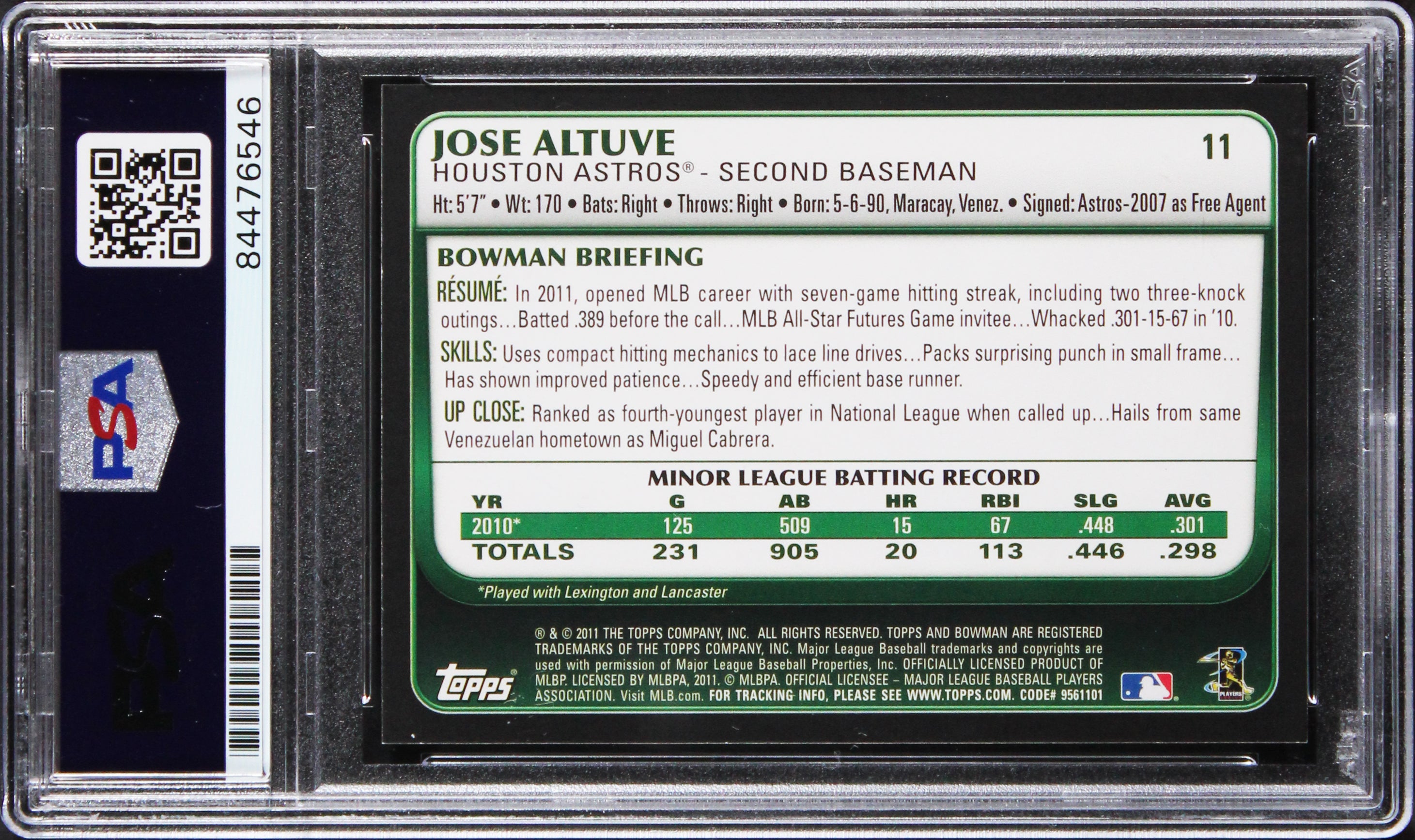 Astros Jose Altuve Signed 2011 Bowman #11 Rookie Card Auto GM MT 10! PSA Slabbed