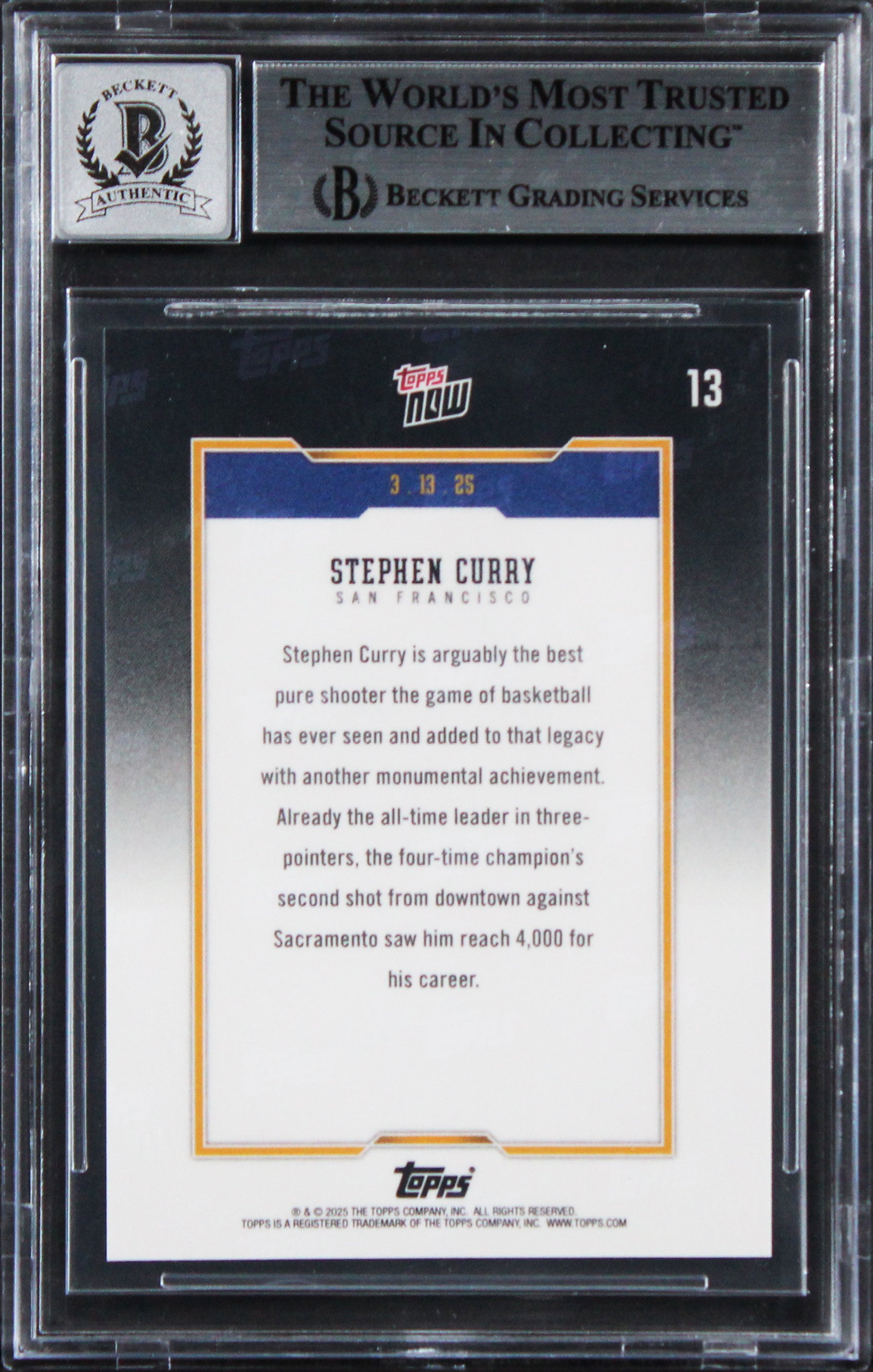 Warriors Stephen Curry Signed 2024 Topps Now #13 Card Auto Grade 10! BAS Slabbed