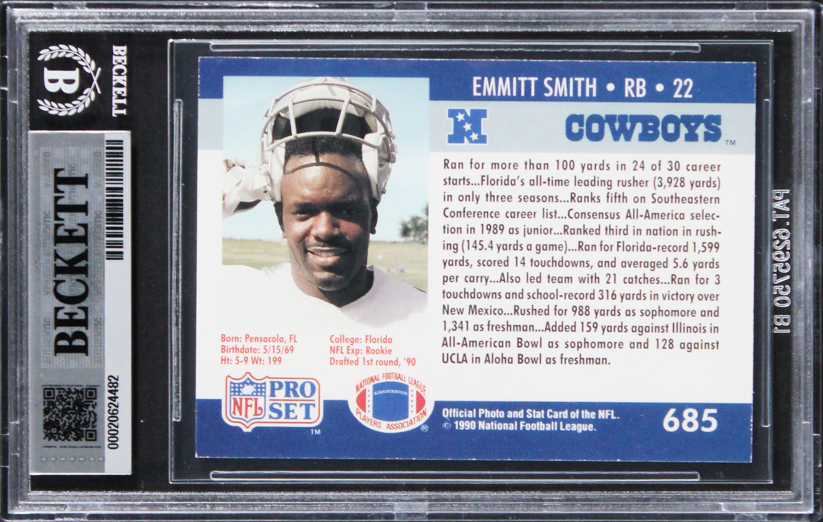 Cowboys Emmitt Smith Authentic Signed 1990 Pro Set #685 Rookie Card BAS Slabbed