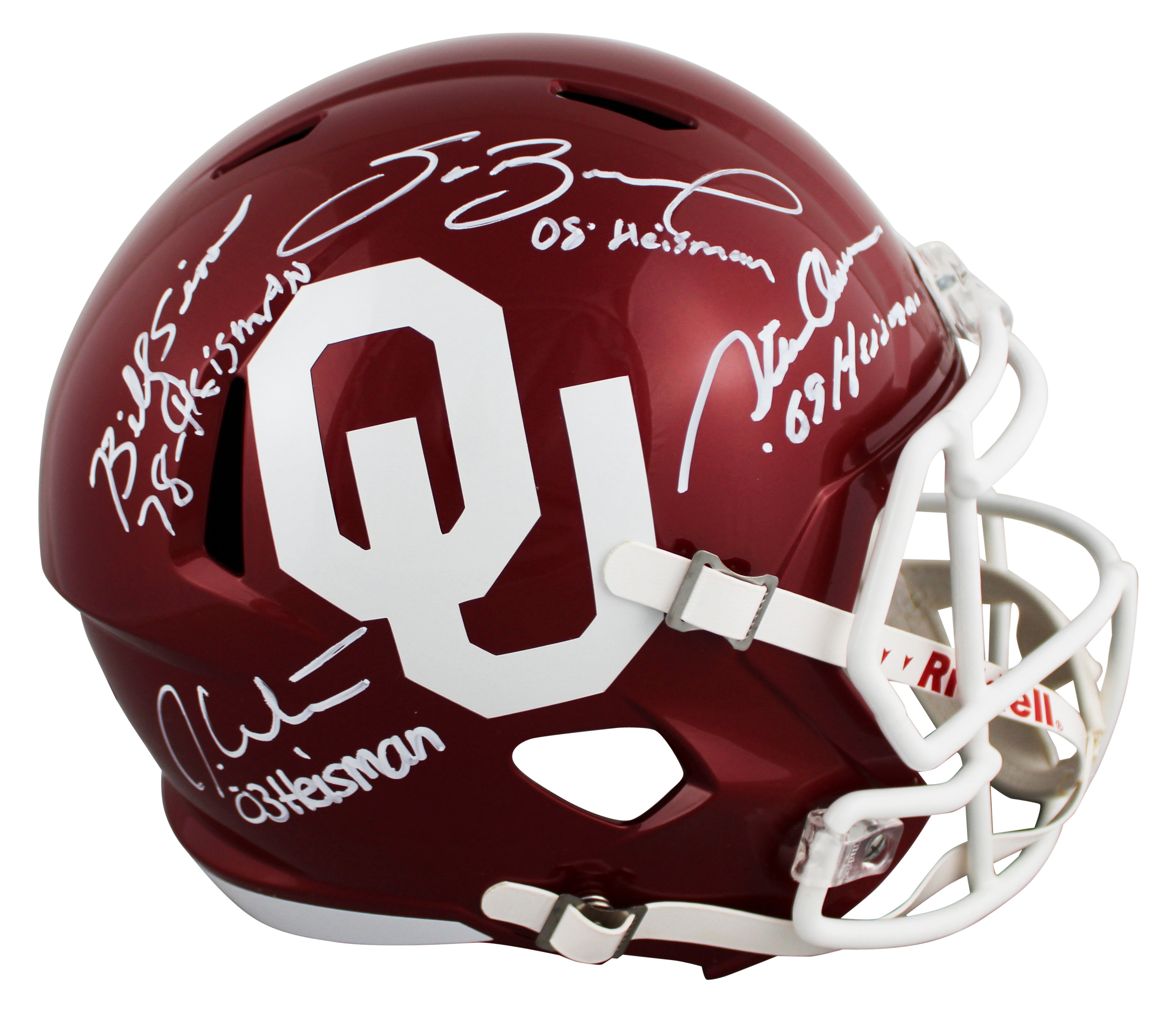 OU (4) Sims, White, Owens & Bradford Signed F/S Speed Rep Helmet W/ Case BAS Wit