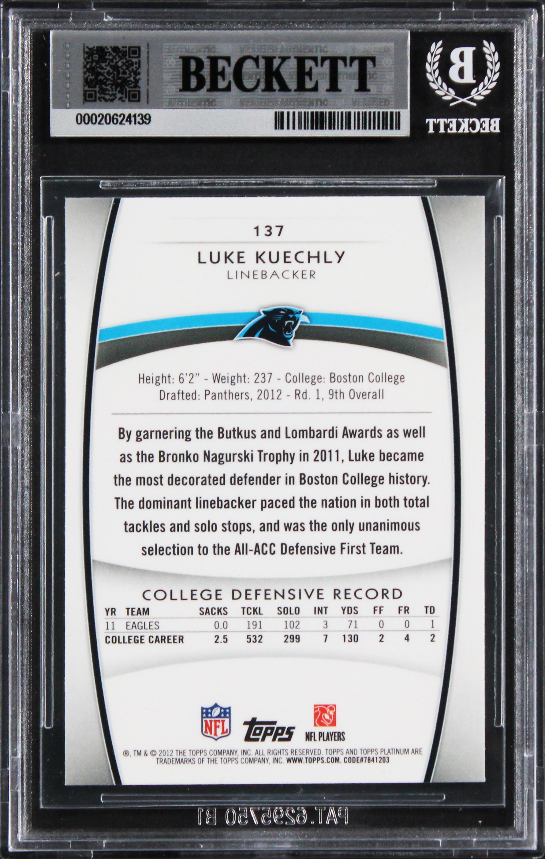 Panthers Luke Kuechly Signed 2012 Topps Platinum Xfractors #137 RC Card BAS Slab