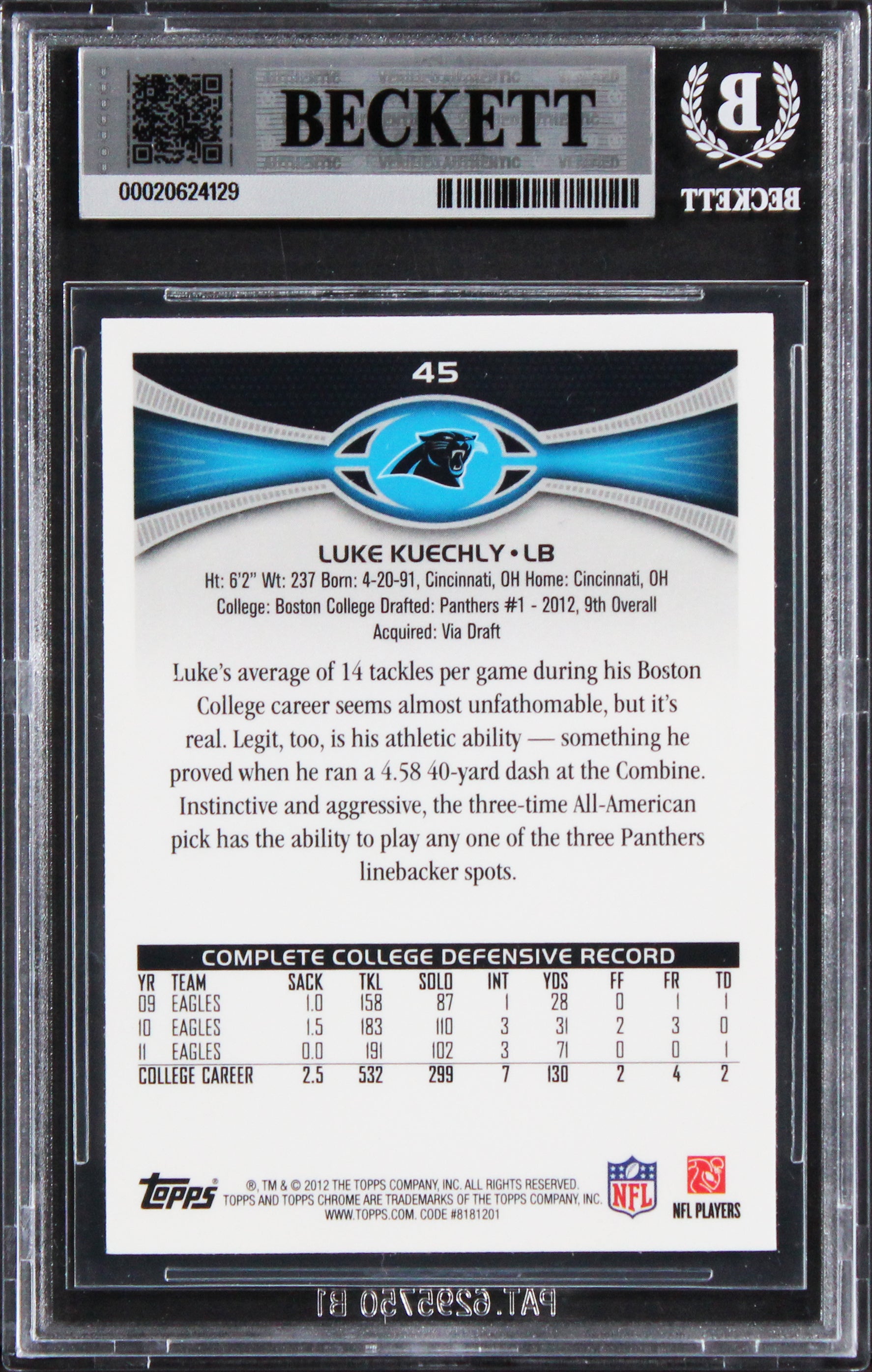 Panthers Luke Kuechly 2012 Topps Chrome #45 Rookie Card Autographed BAS Slabbed