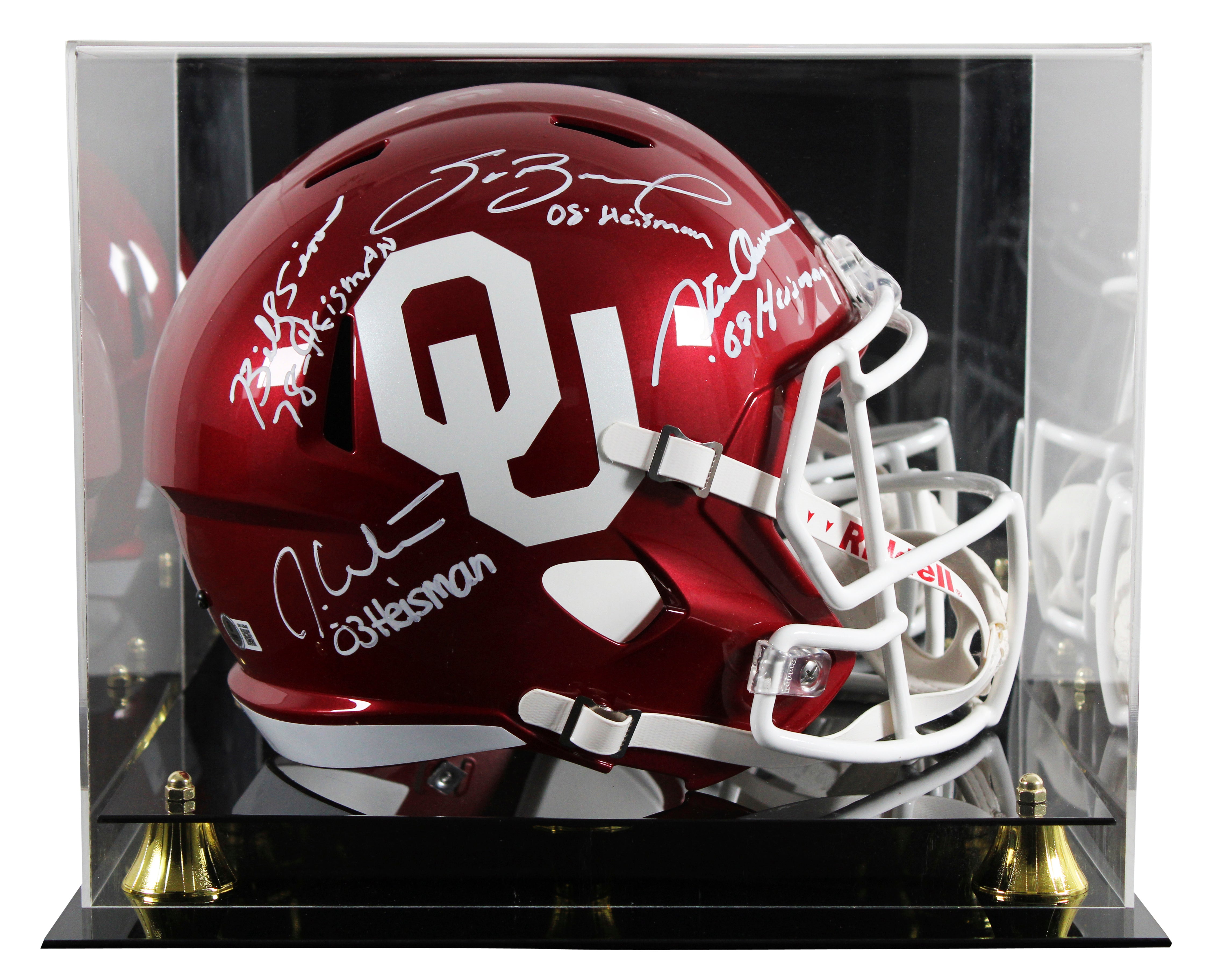 OU (4) Sims, White, Owens & Bradford Signed F/S Speed Rep Helmet W/ Case BAS Wit
