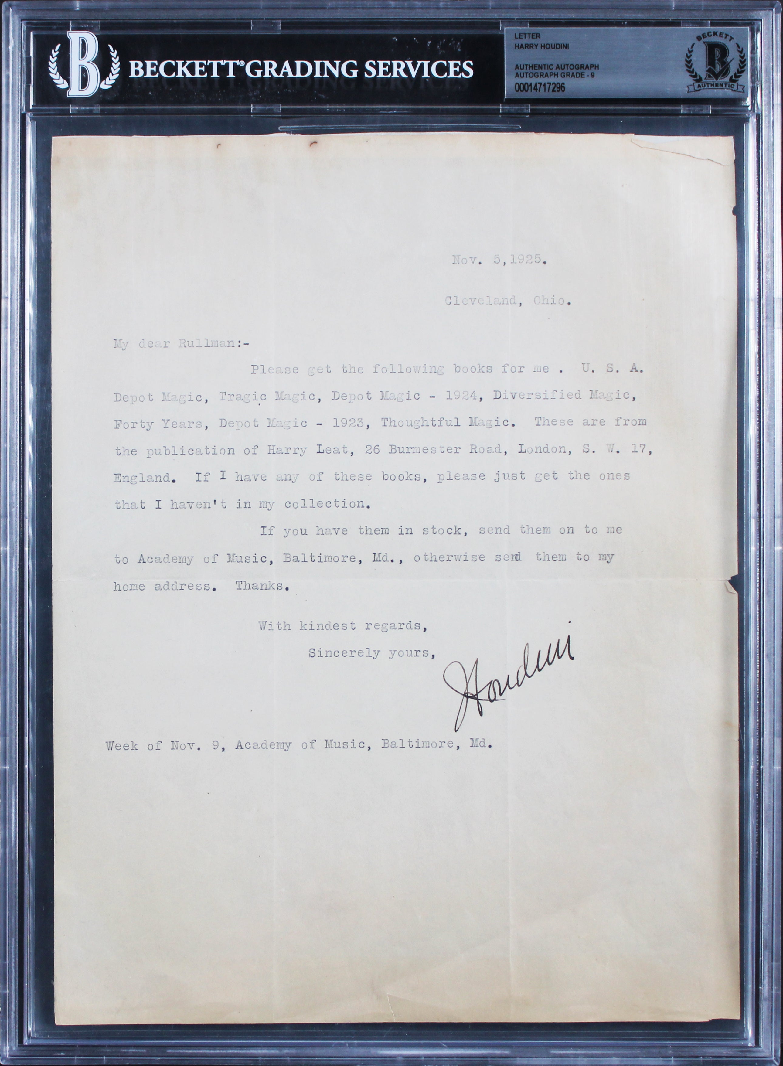 Harry Houdini Signed 8.5x11 Auto 1925 Letter Auto Mint 9! PSA/DNA & BAS Slabbed