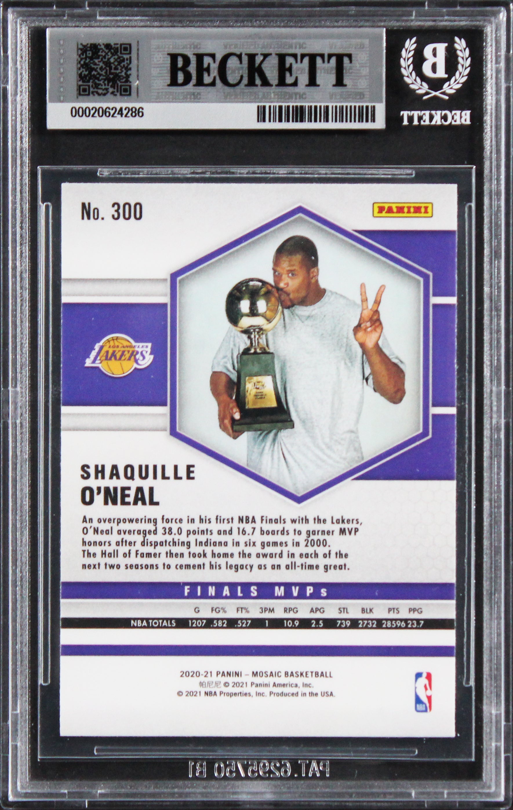 Lakers Shaquille O'Neal Authentic Signed 2020 Panini Mosaic #300 Card BAS Slab 2