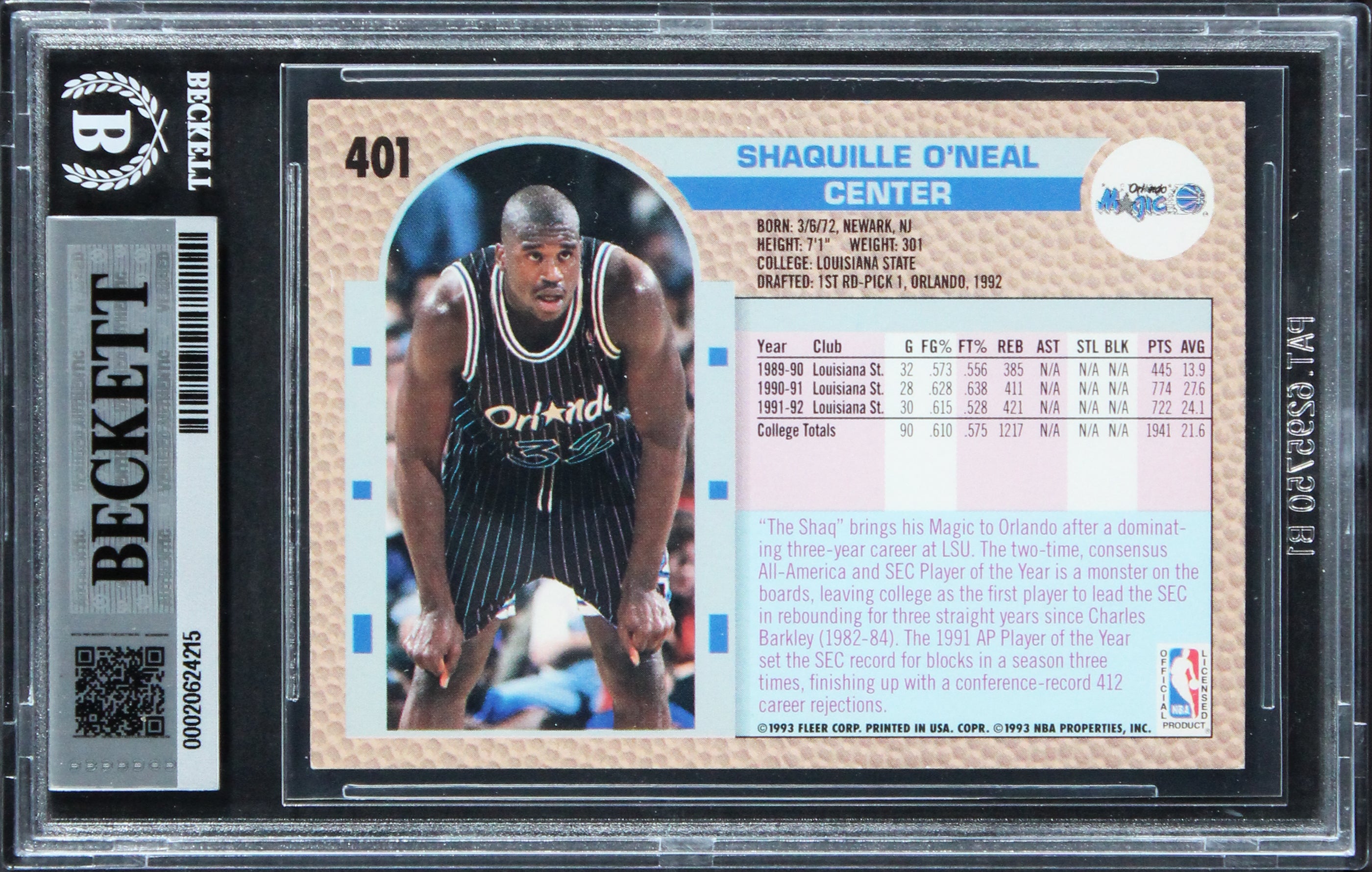Magic Shaquille O'Neal Authentic Signed OK I love youRookie Card BAS Slabbed