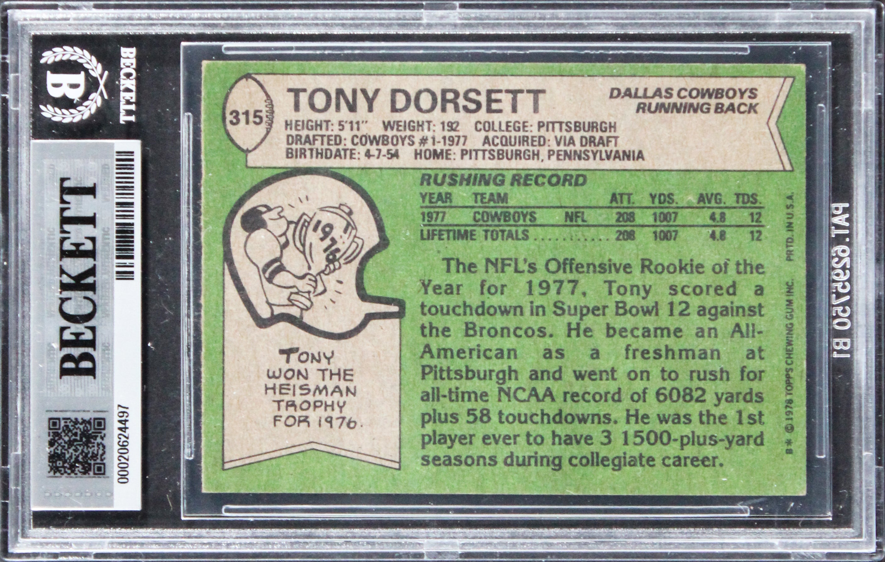 Cowboys Tony Dorsett "HOF 94" Authentic Signed 1978 Topps #315 Card BAS Slabbed