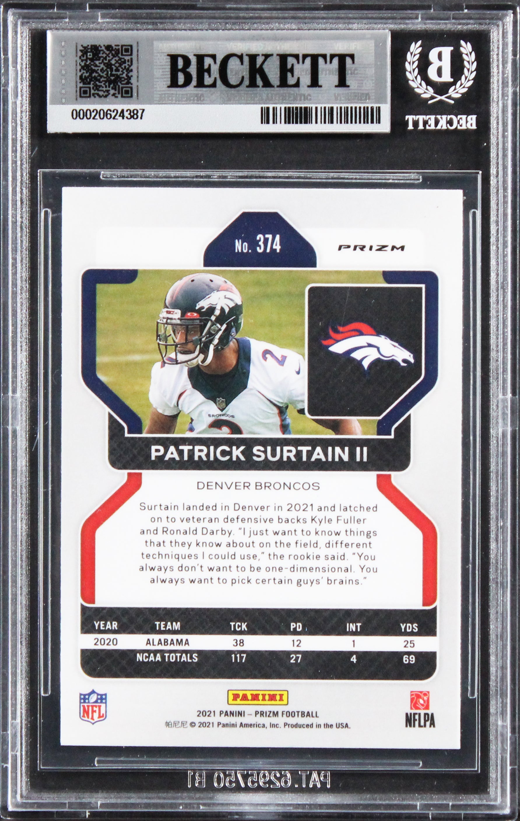 Broncos Patrick Surtain II Signed 2021 Panini Prizm Silver #374 RC Card BAS Slab