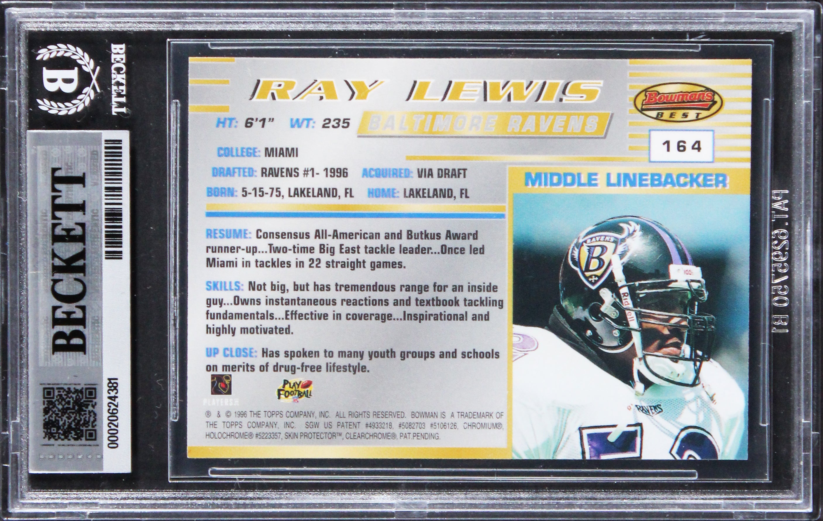 Ravens Ray Lewis 1996 Bowman's Best 3164 Rookie Card Autographed BAS Slabbed