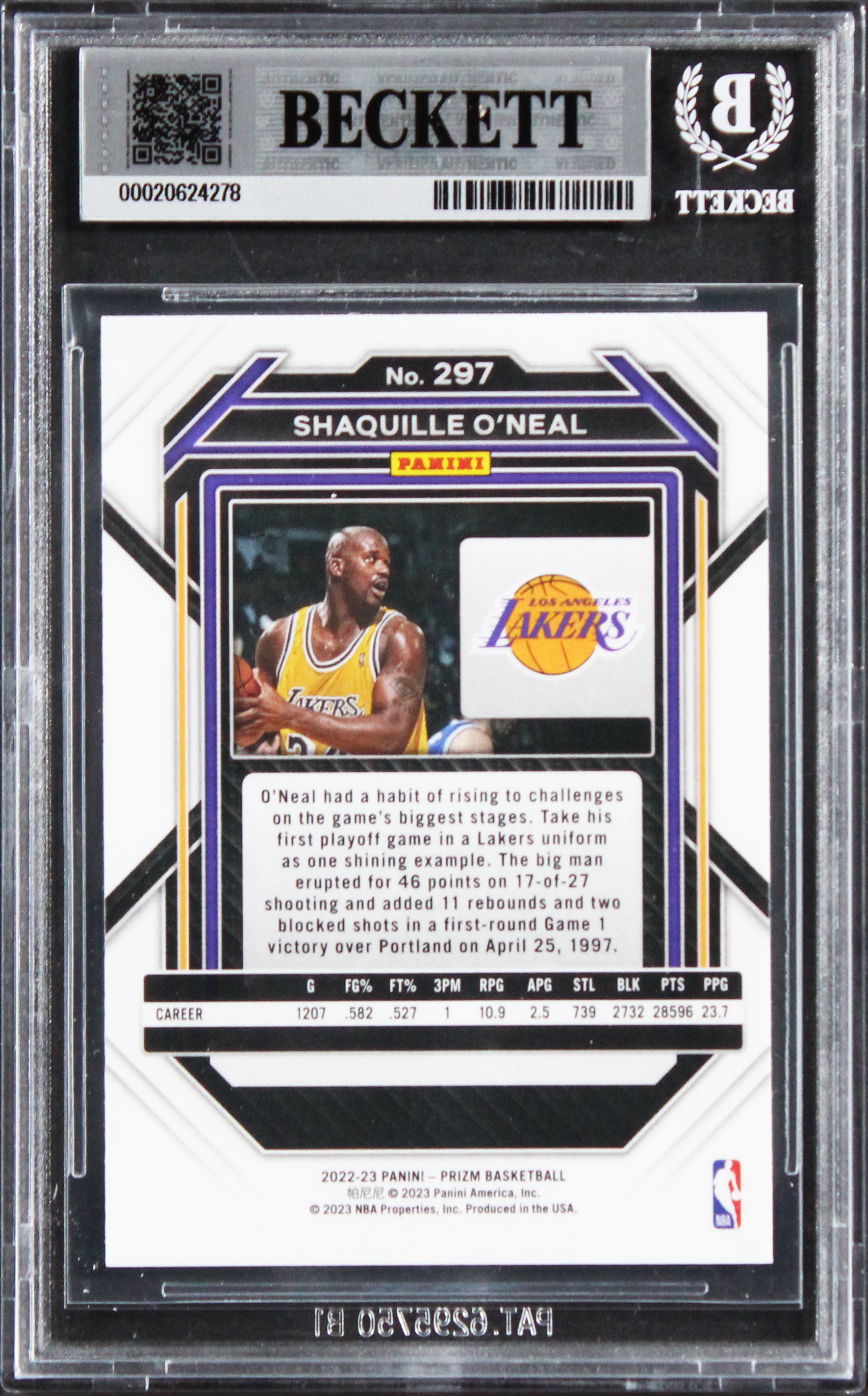 Lakers Shaquille O'Neal Authentic Signed 2022 Panini Prizm #297 Card BAS Slabbed