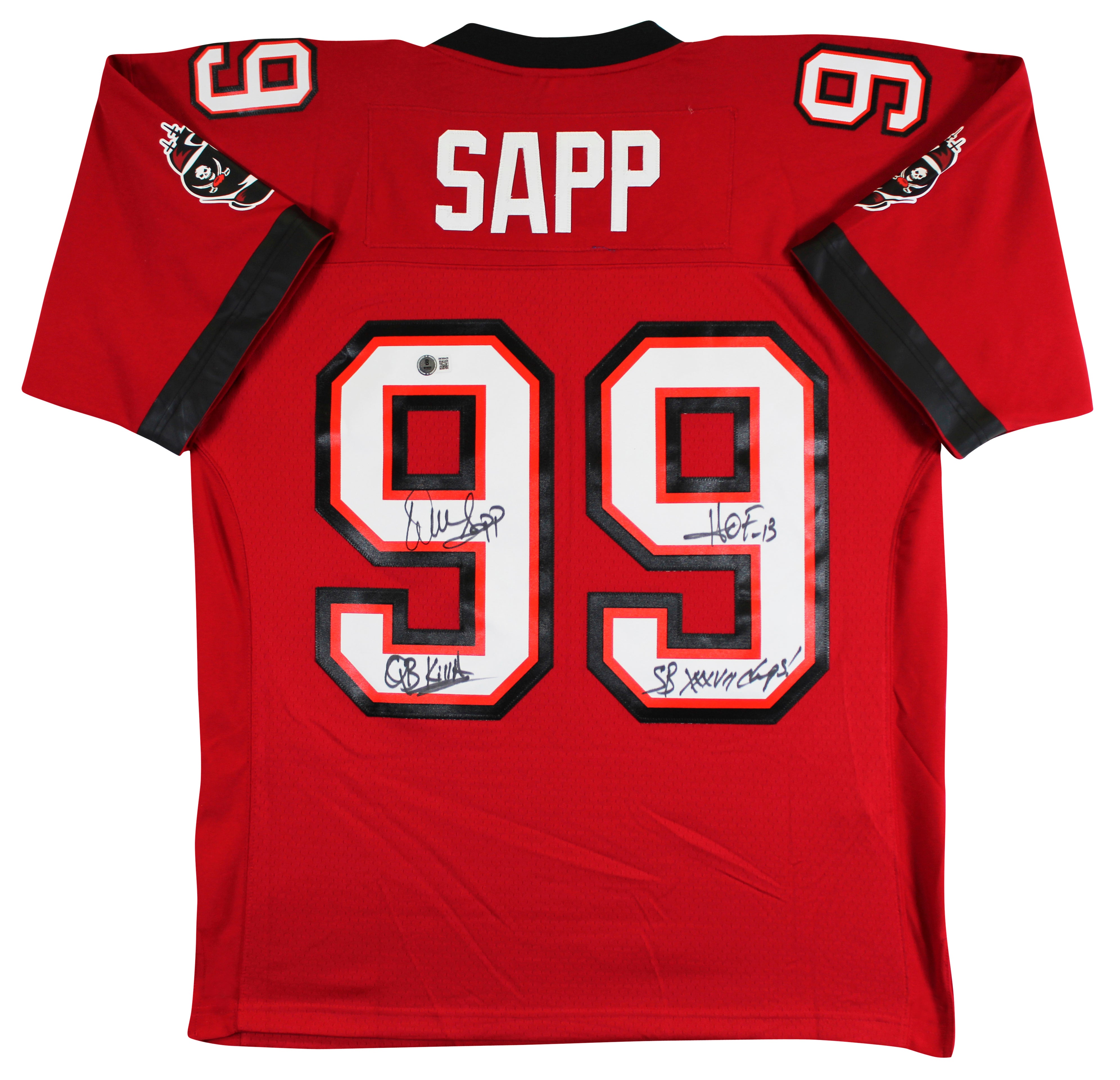 Buccaneers Warren Sapp "3x Insc" Signed Red Mitchell & Ness Jersey BAS Witnessed