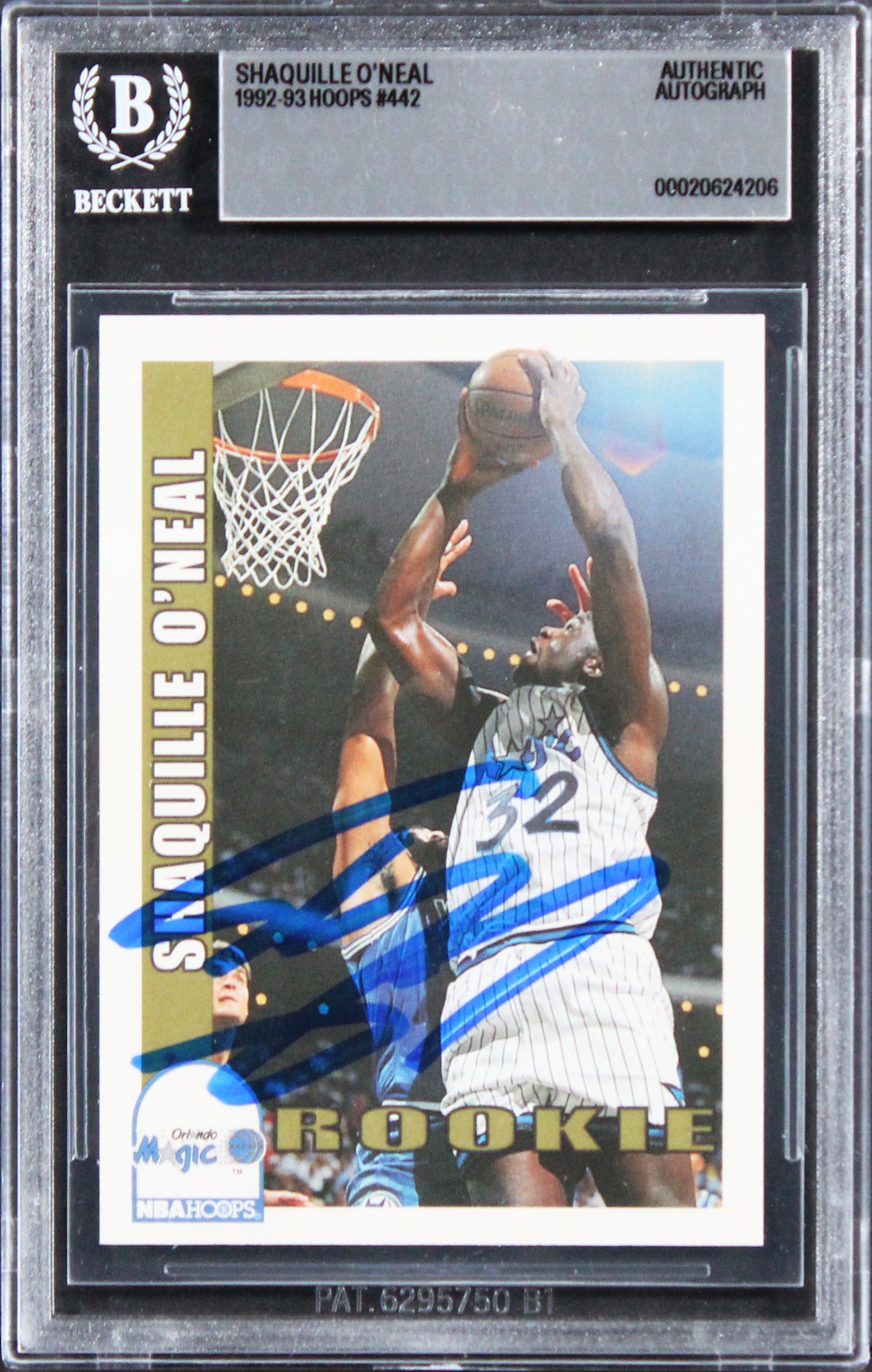 Magic Shaquille O'Neal Authentic Signed 1992 Hoops #442 Rookie Card BAS Slabbed