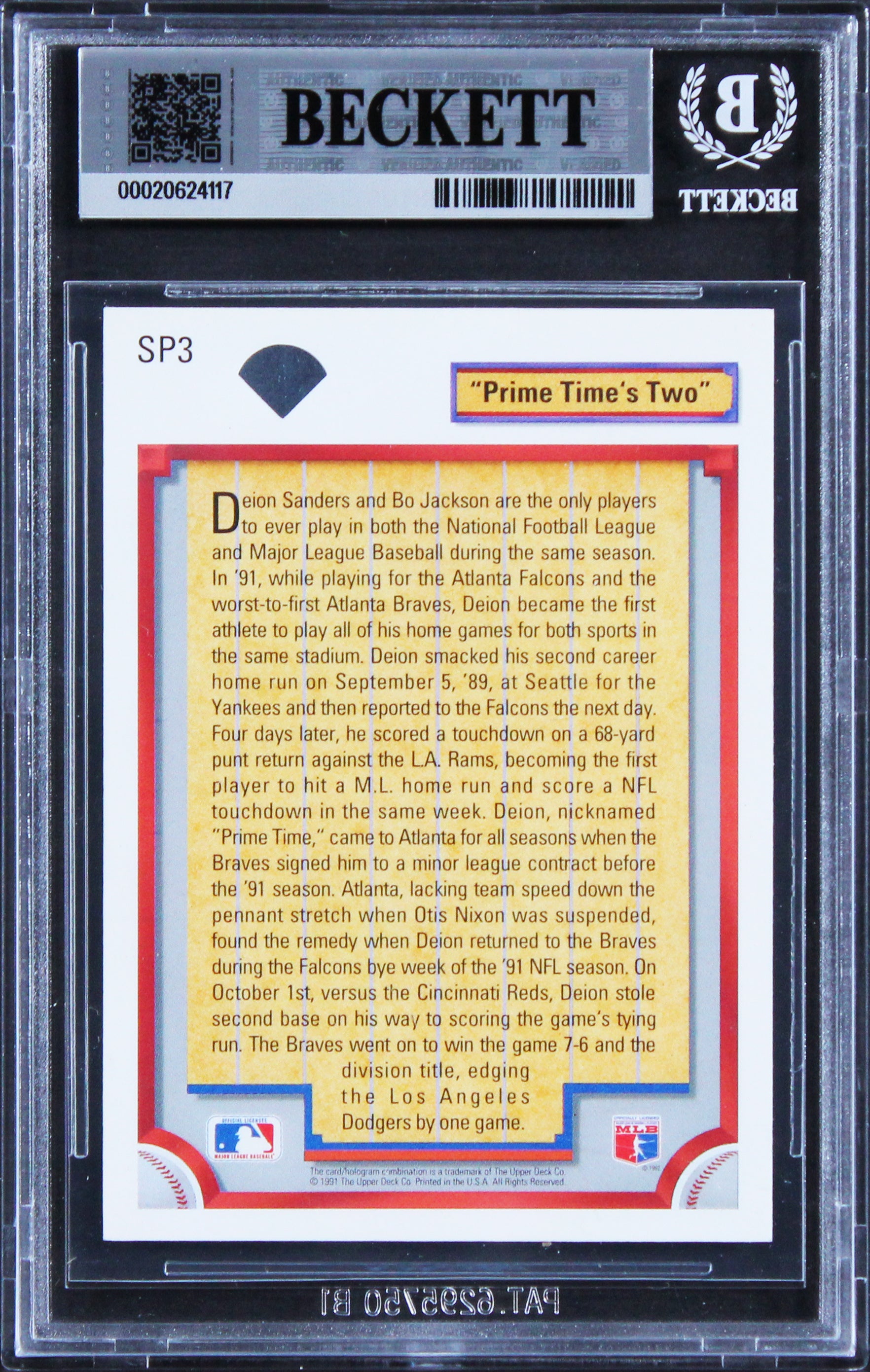 Braves Deion Sanders Authentic Signed 1992 Upper Deck #SP3 Card BAS Slabbed
