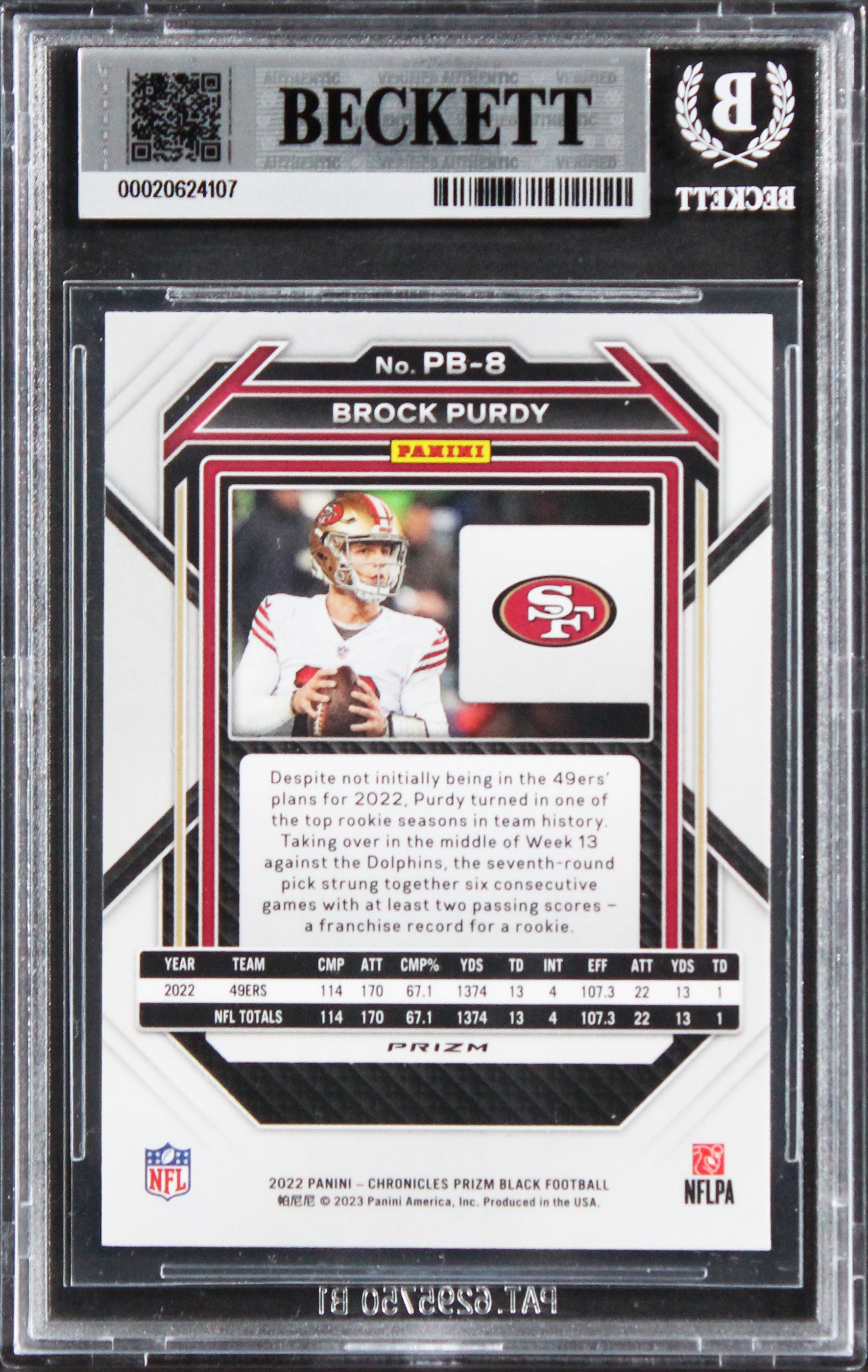 49ers Brock Purdy Signed 2022 Panini Chronicles Prizm Black #8 RC Card BAS Slab