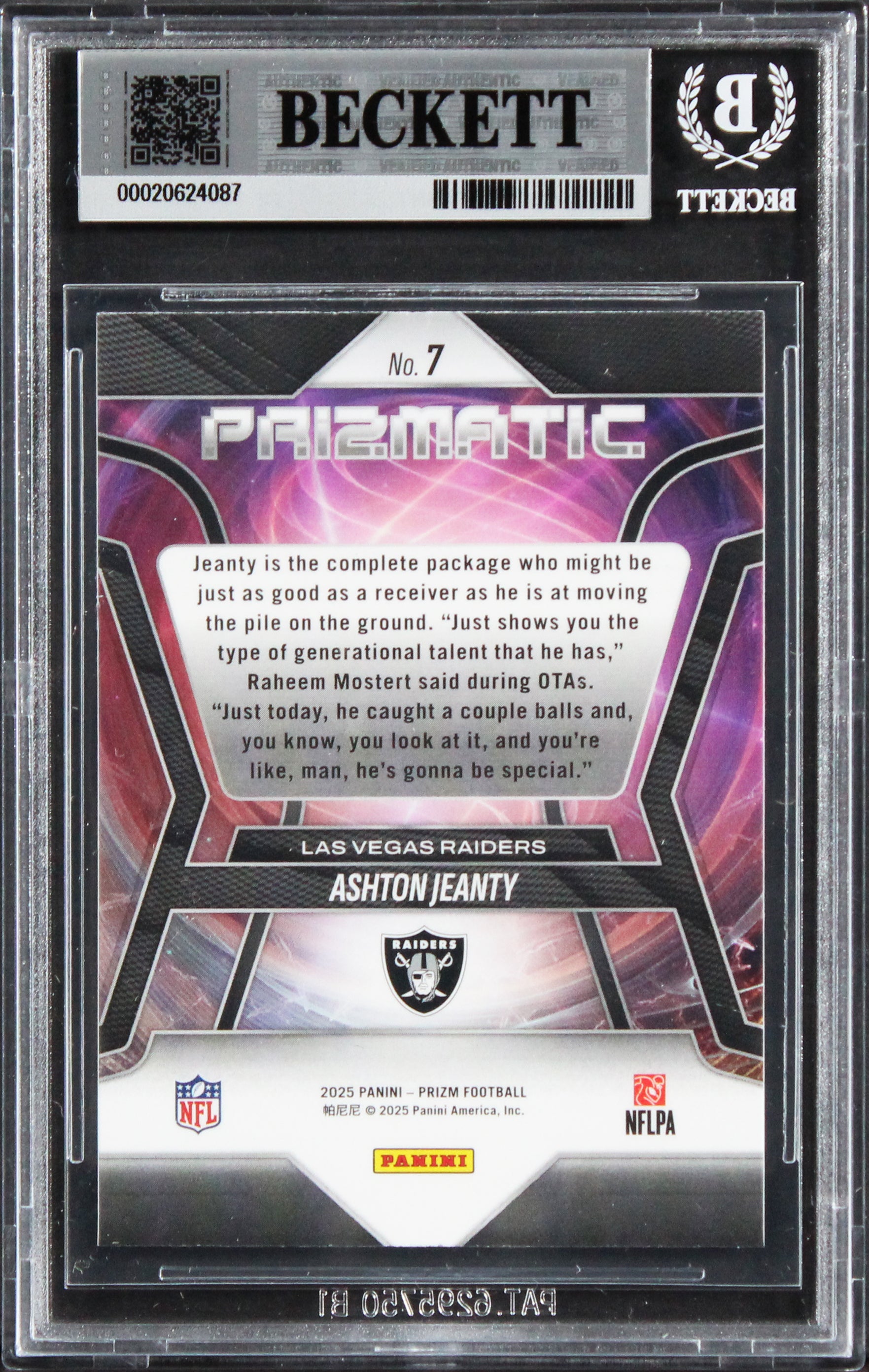 Raiders Ashton Jeanty Signed 2025 Panini Prizm Prizmatic #7 RC Card BAS Slabbed