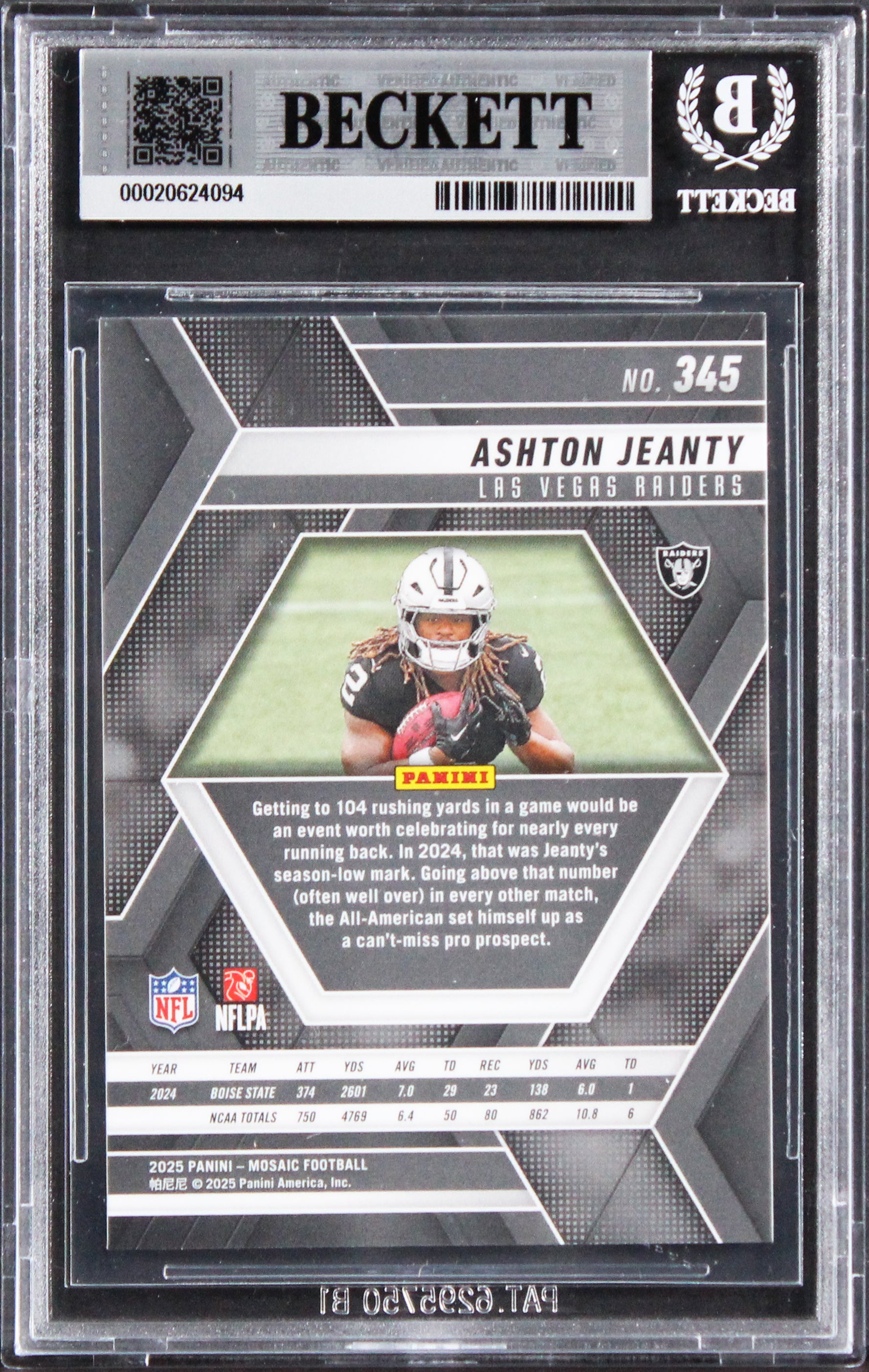 Raiders Ashton Jeanty Signed 2025 Panini Mosaic #345 Rookie Card BAS Slabbed
