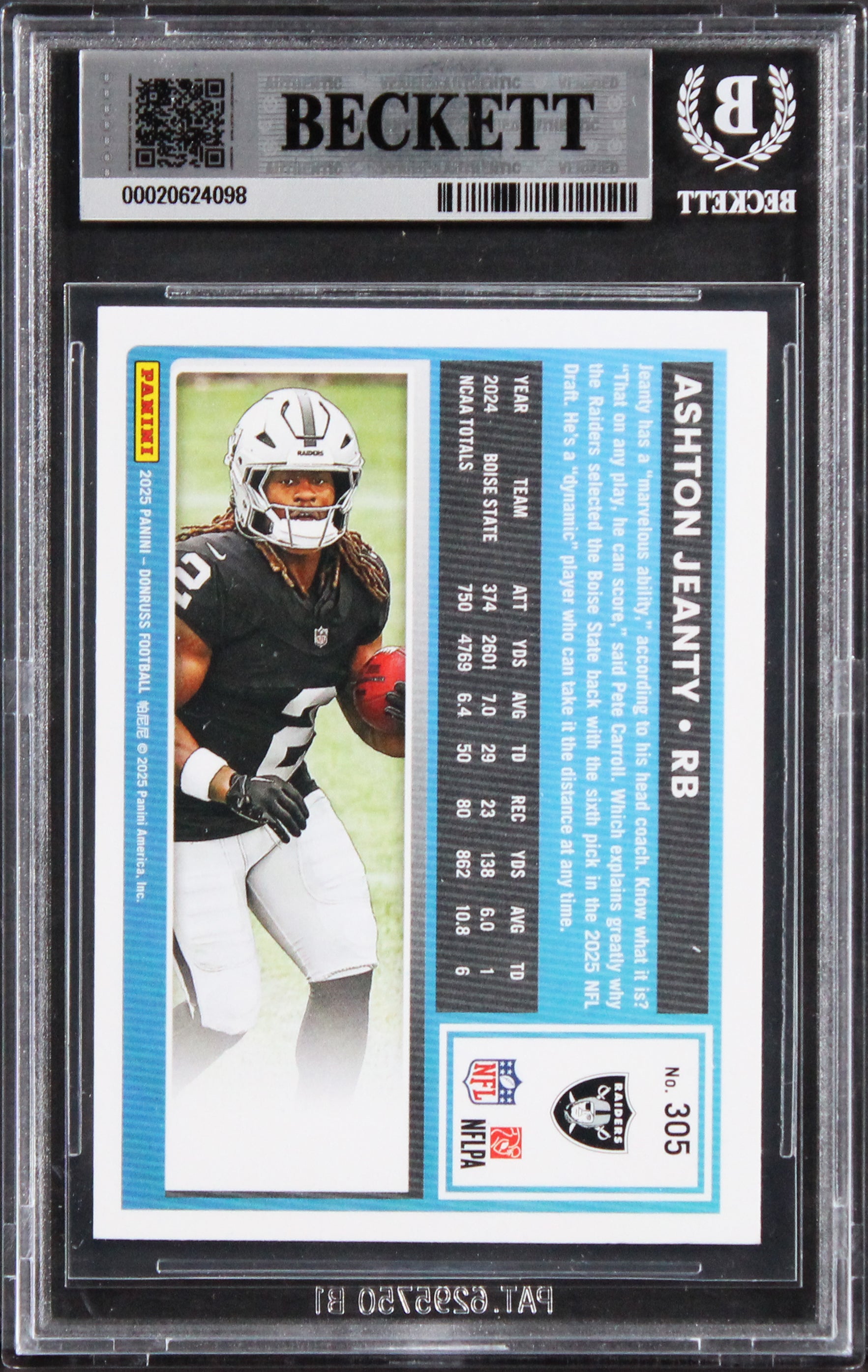 Raiders Ashton Jeanty Authentic Signed 2025 Donruss #305 Rookie Card BAS Slab 2