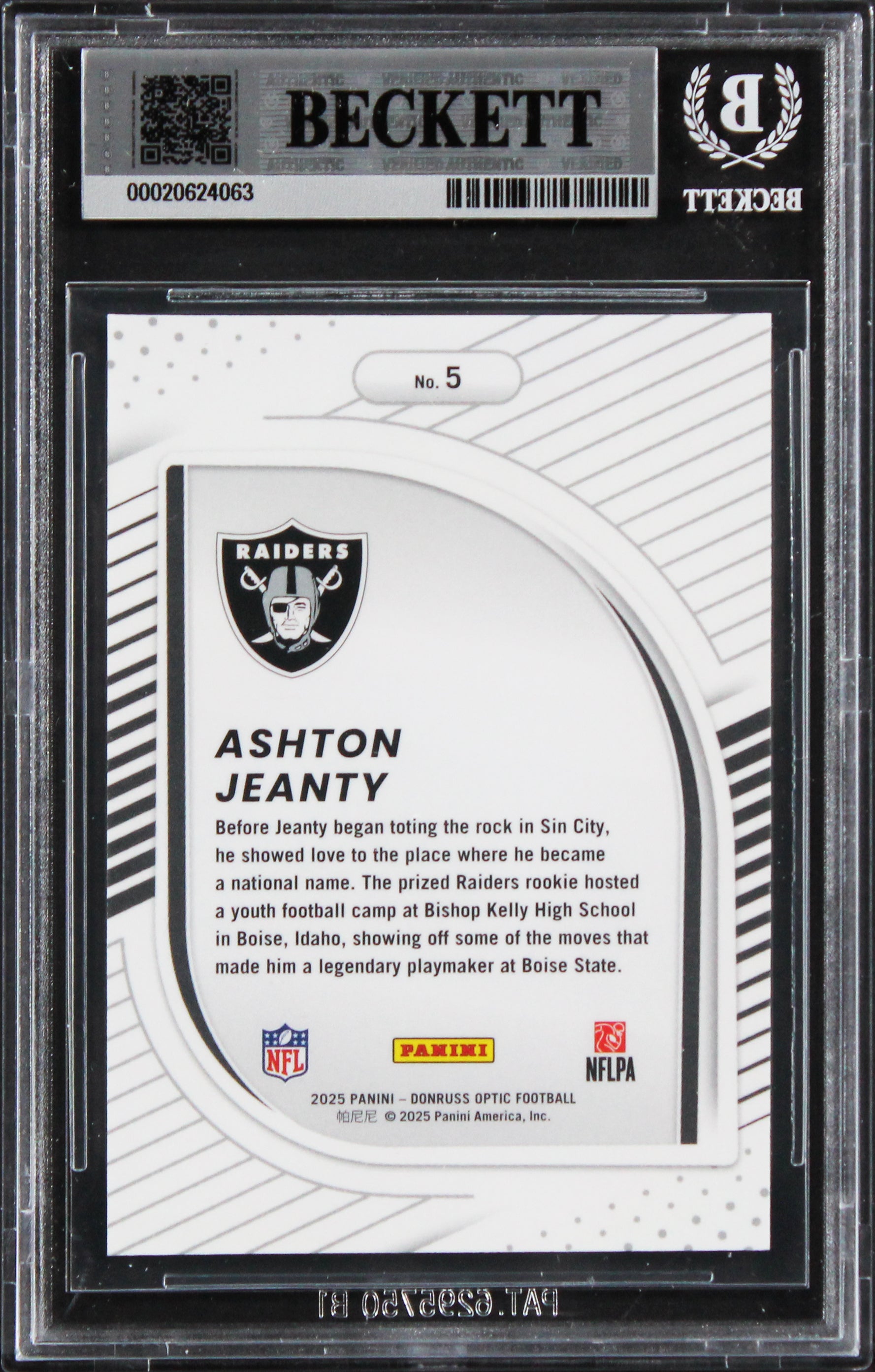 Raiders Ashton Jeanty Signed 2025 Donruss Optic HP #6 Rookie Card BAS Slabbed 2