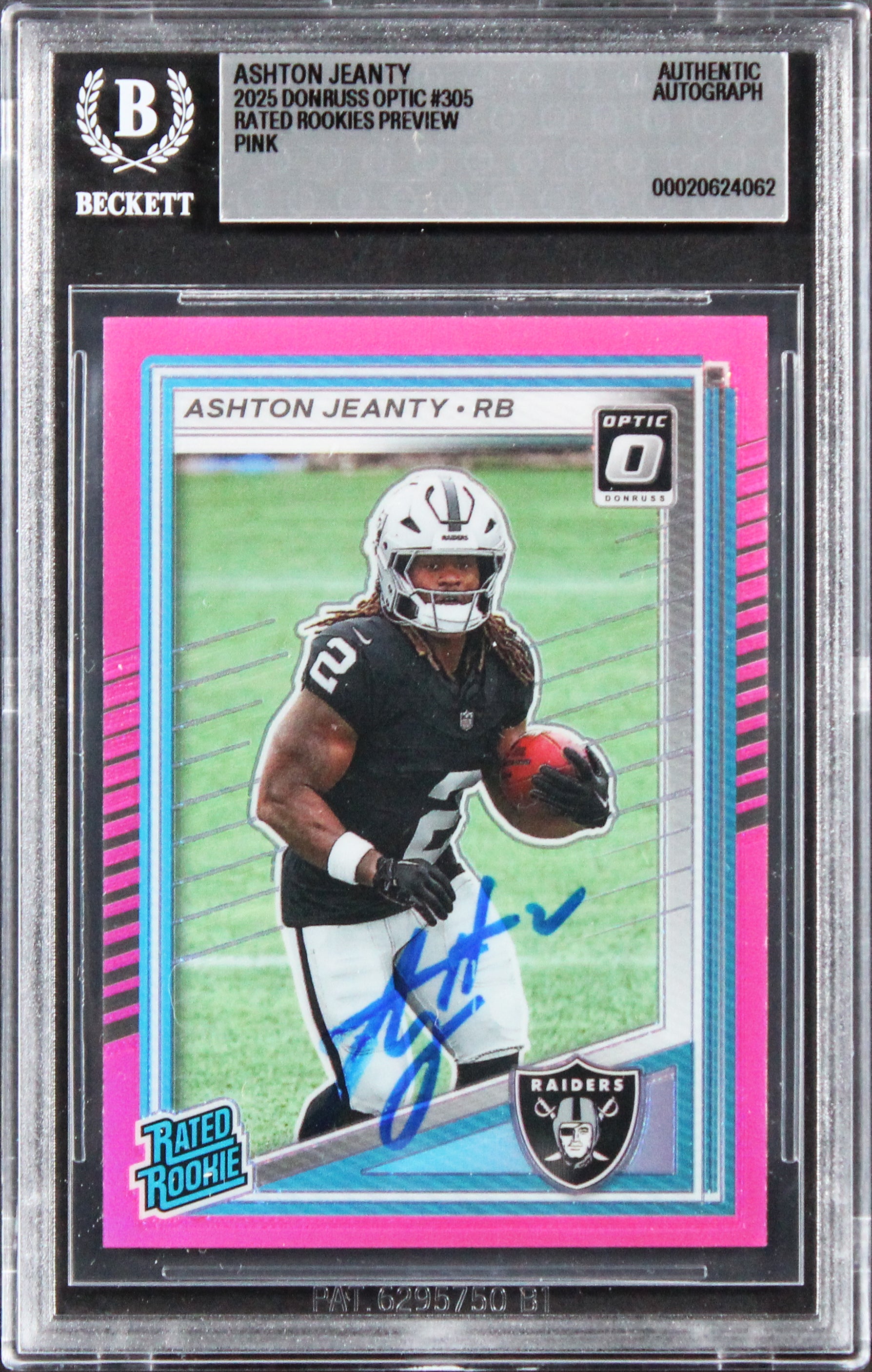 Raiders Ashton Jeanty Signed 2025 Donruss Optic Pink #305 Rookie Card BAS Slab