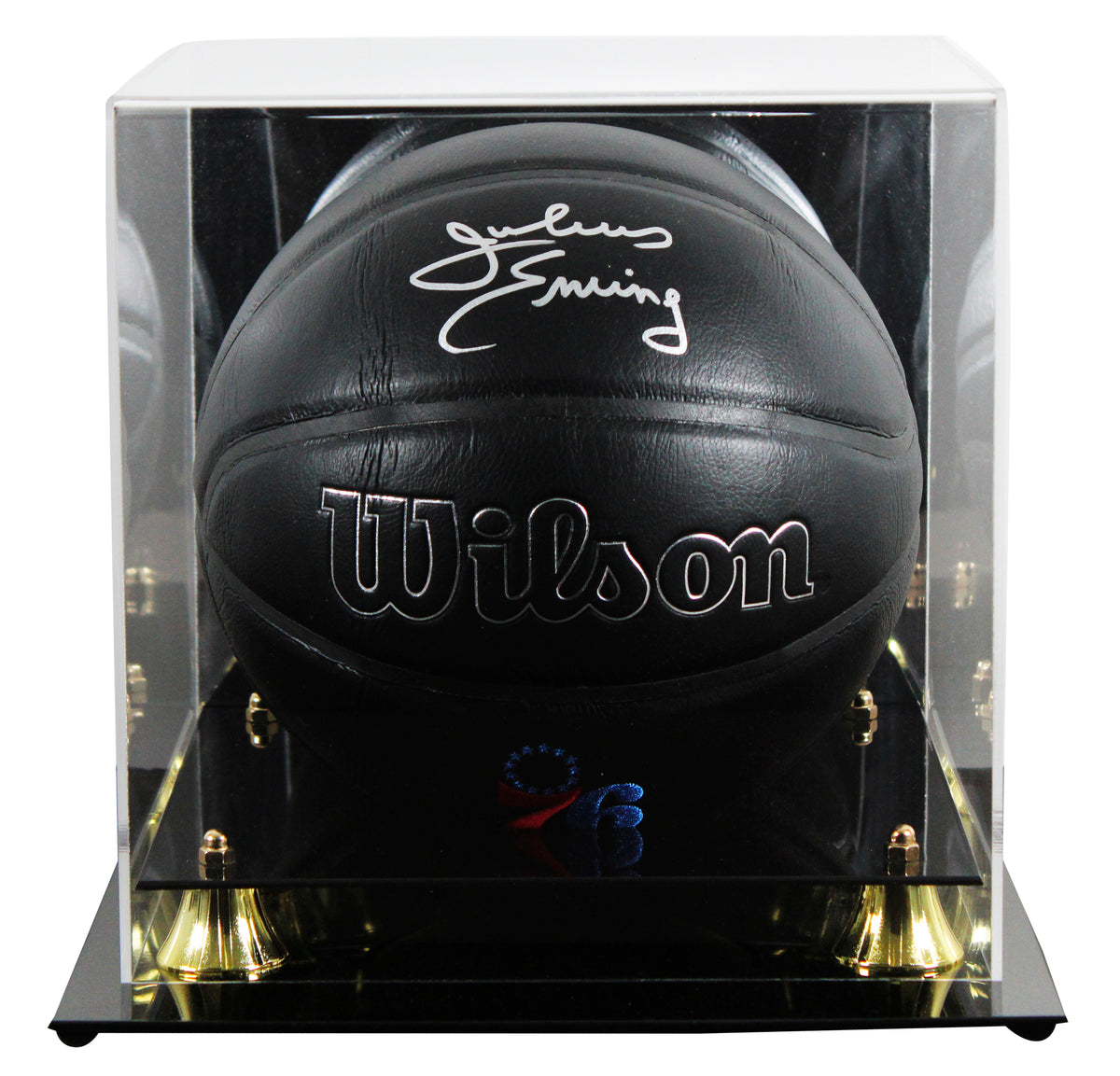 76ers Julius "Dr. J" Erving Signed Black Logo Basketball W/ Case JSA Witness