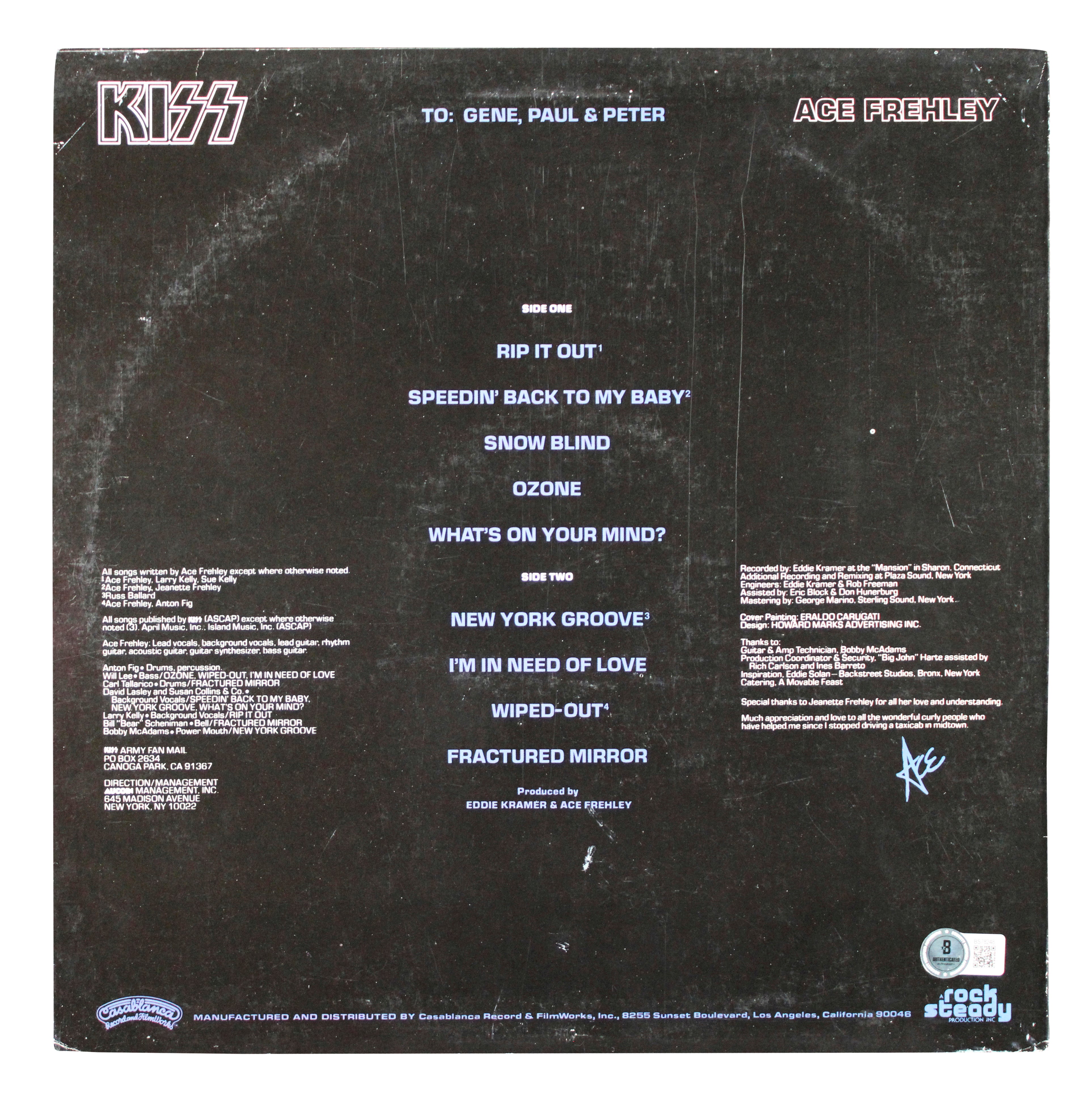 Ace Frehley Authentic Signed KISS Solo 1978 Album Cover W/ Vinyl BAS #BS78248