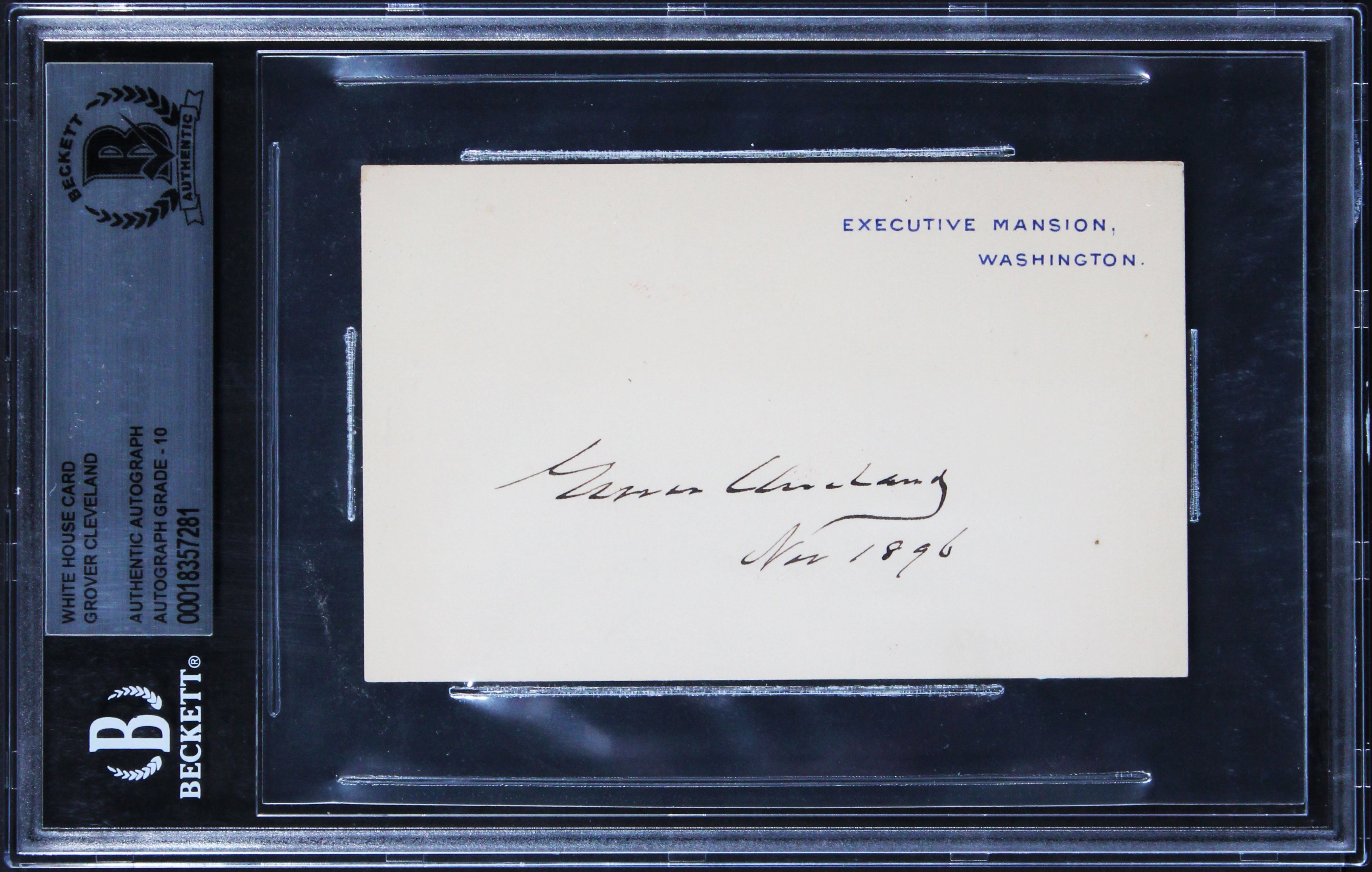 Grover Cleveland Authentic Signed Card 2.75x4.25 White House Auto 10! BAS Slab