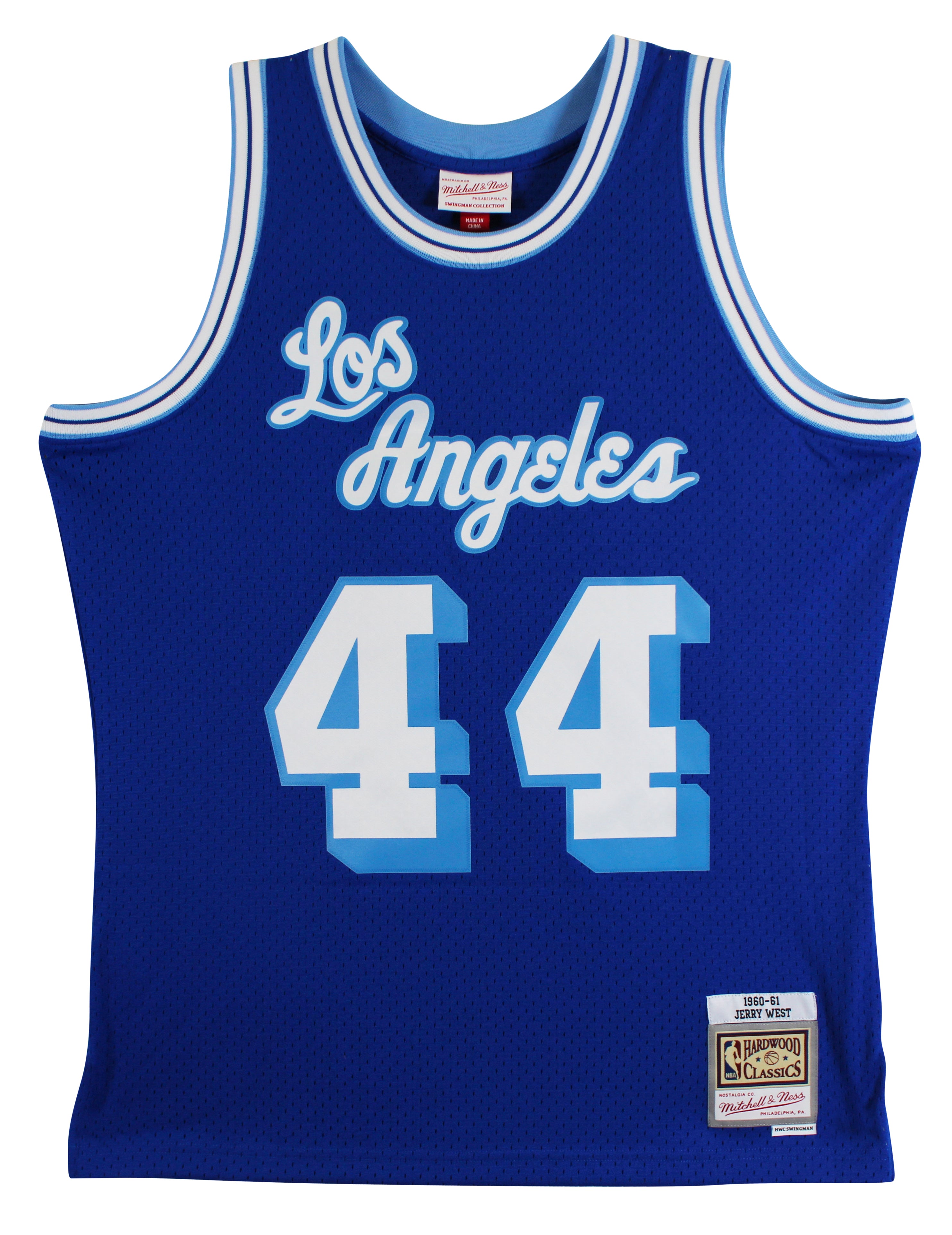 Lakers Jerry West "2x Insc" Signed Blue M&N Swingman Jersey Fanatics #B749684