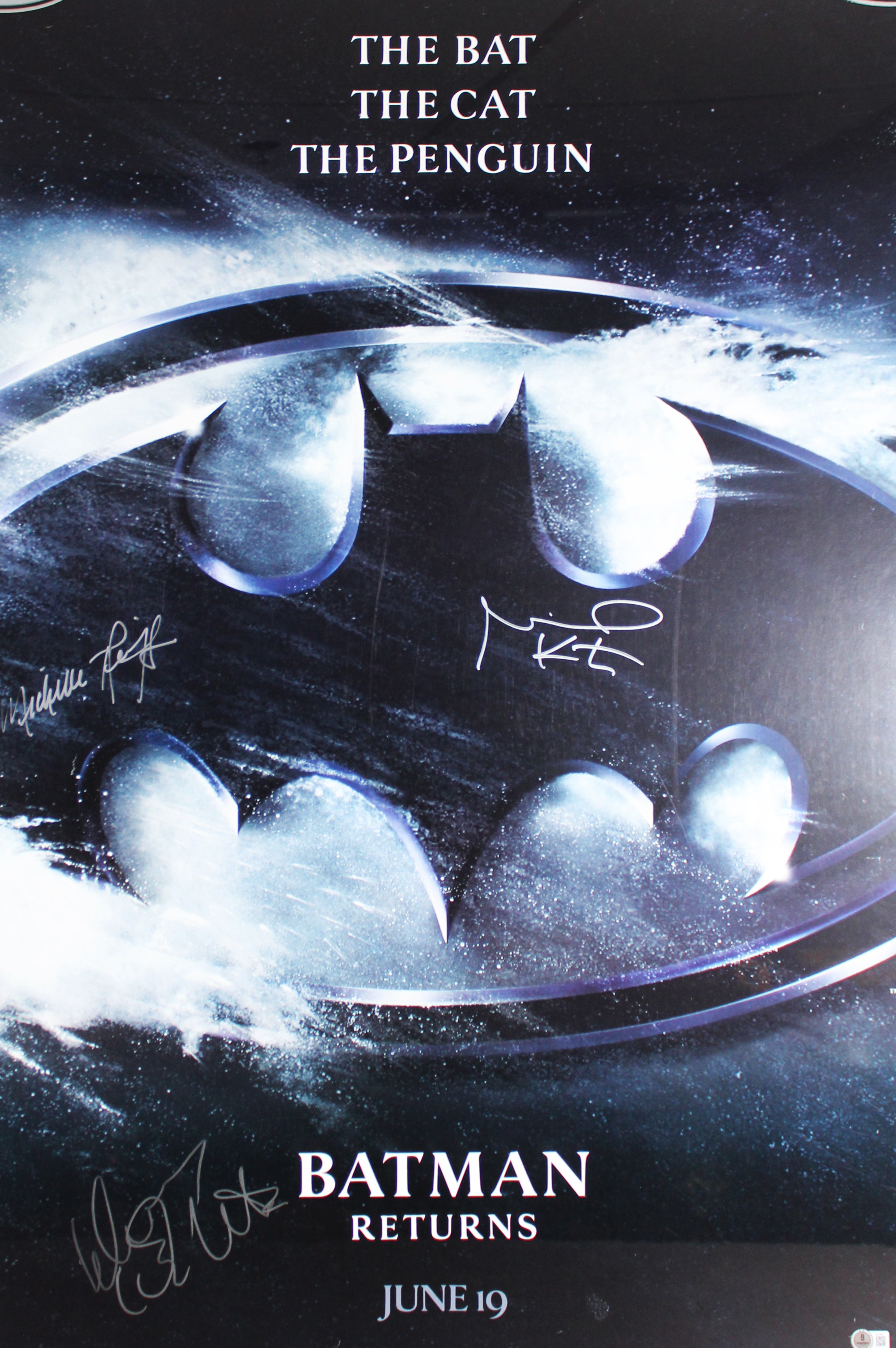 Batman Returns (3) Keaton, Pfeiffer & DeVito Signed & Framed 27x40 Poster BAS