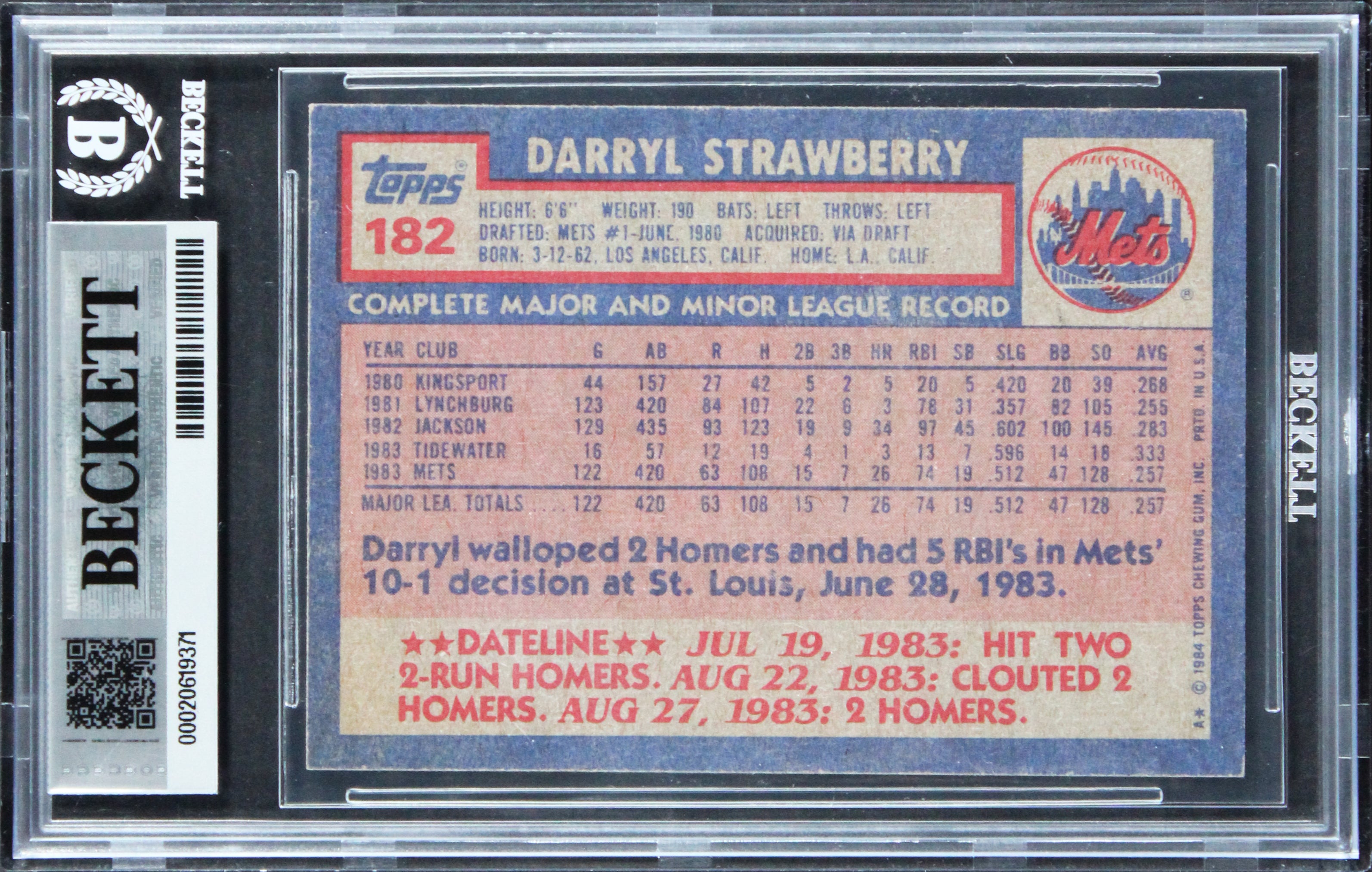 Mets Darryl Strawberry Signed 1984 Topps #182 Card Auto Gem Mint 10! BAS Slabbed