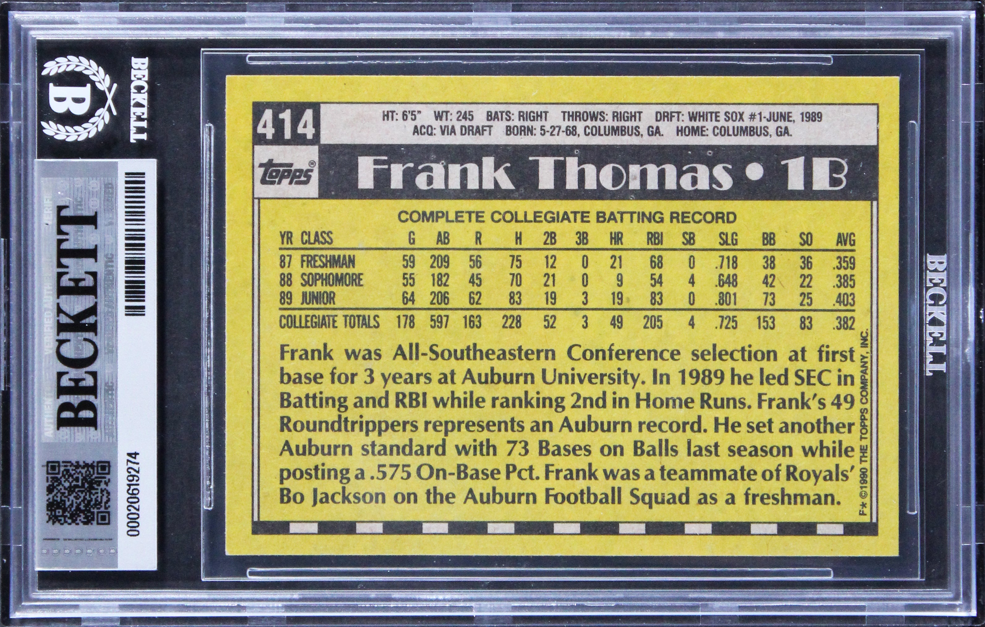 White Sox Frank Thomas Signed 1990 Topps #414 Rookie Card Auto 10! BAS Slabbed