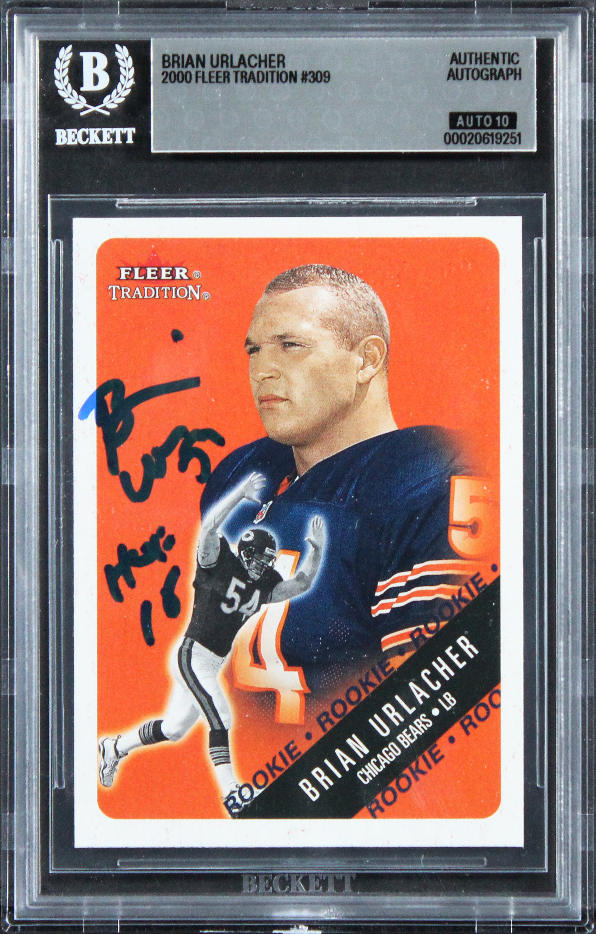 Bears Brian Urlacher "HOF 18" Signed 2000 Fleer #309 RC Card Auto 10 BAS Slabbed