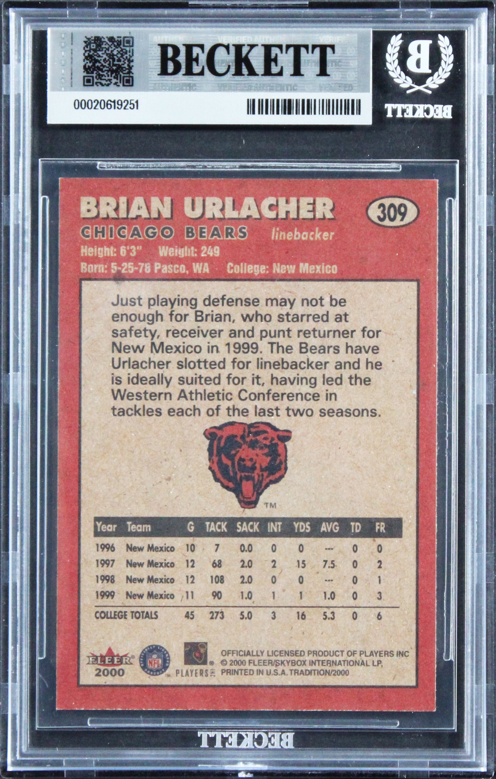 Bears Brian Urlacher "HOF 18" Signed 2000 Fleer #309 RC Card Auto 10 BAS Slabbed