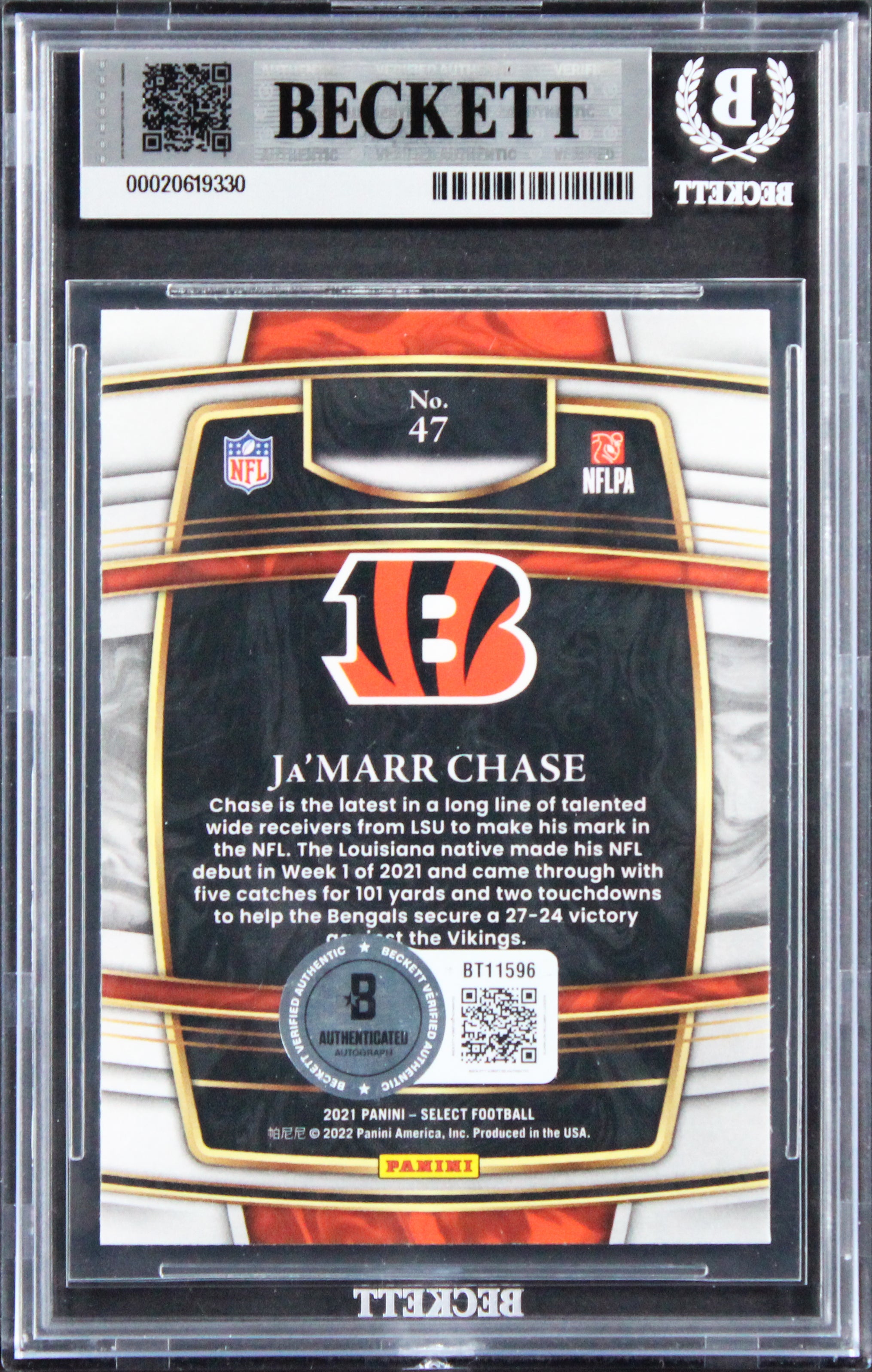 Bengals Ja'Marr Chase Signed 2021 Select #47 Rookie Card Auto 10! BAS Slabbed