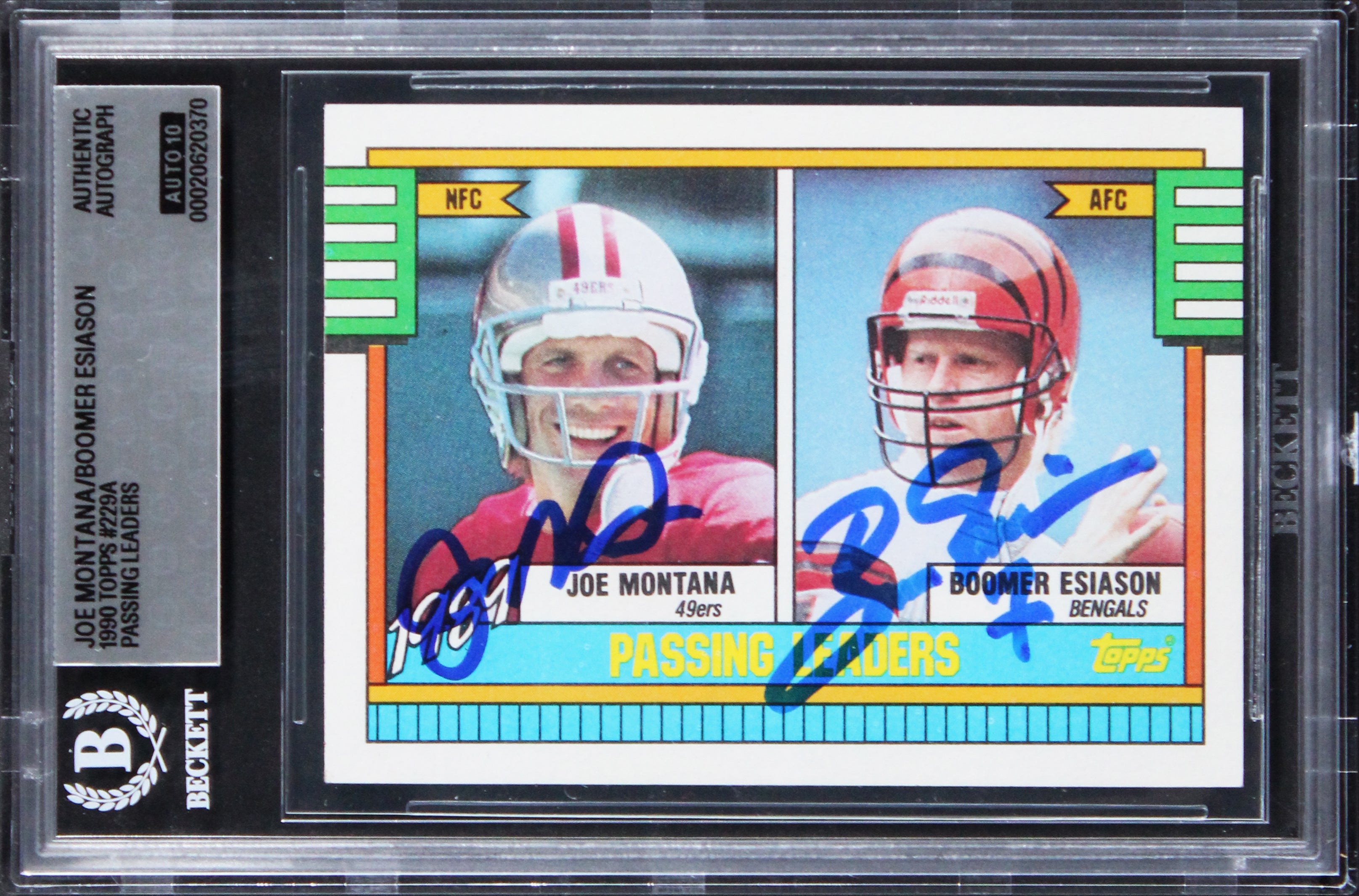 Joe Montana & Boomer Esiason Signed 1990 Topps PL #229A Card Auto 10! BAS Slab