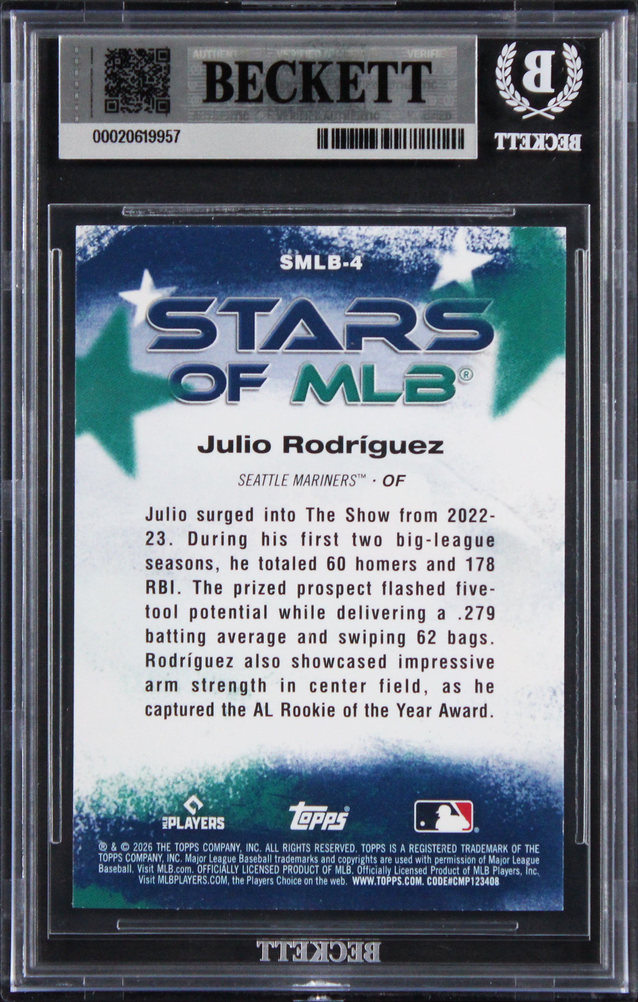 Mariners Julio Rodriguez Signed 2026 Topps #SMLB4 Card Auto GM 10! BAS Slabbed