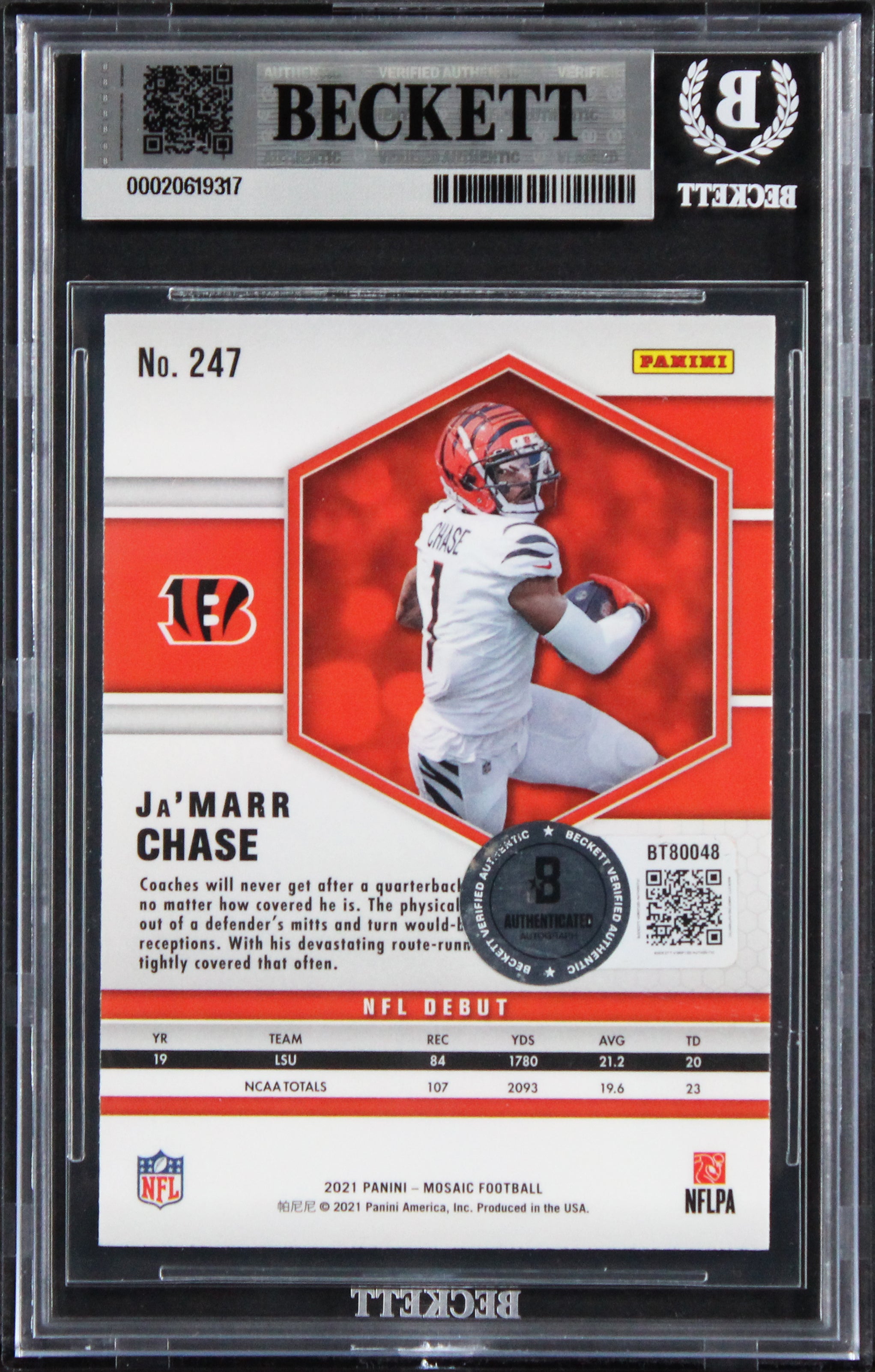 Bengals Ja'Marr Chase Signed 2021 Panini Mosaic #247 RC Card Auto 10! BAS Slab