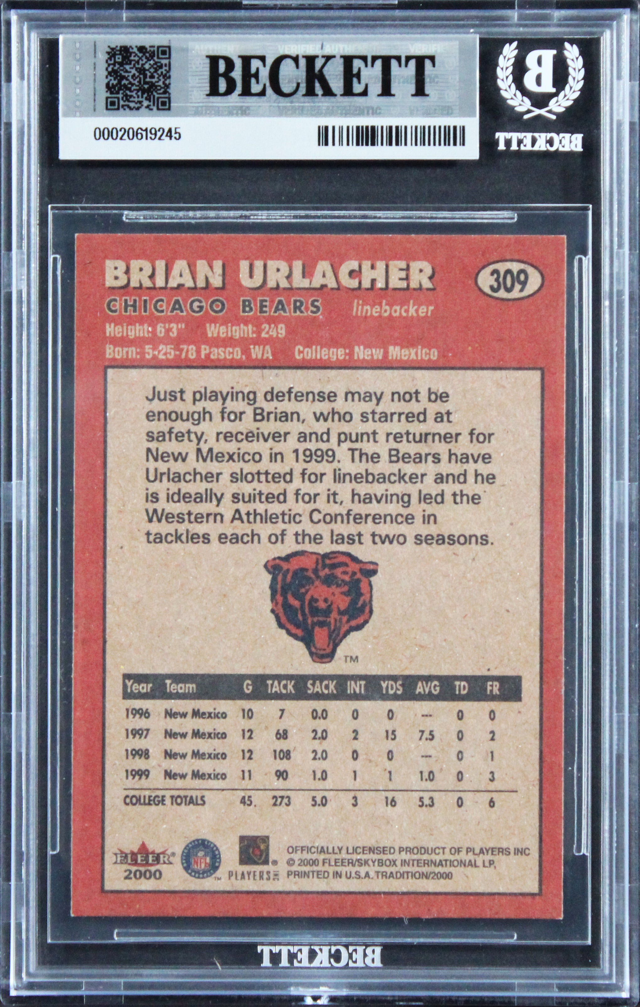 Bears Brian Urlacher "HOF 18" Signed 2000 Fleer #309 RC Card Auto 10 BAS Slabbed