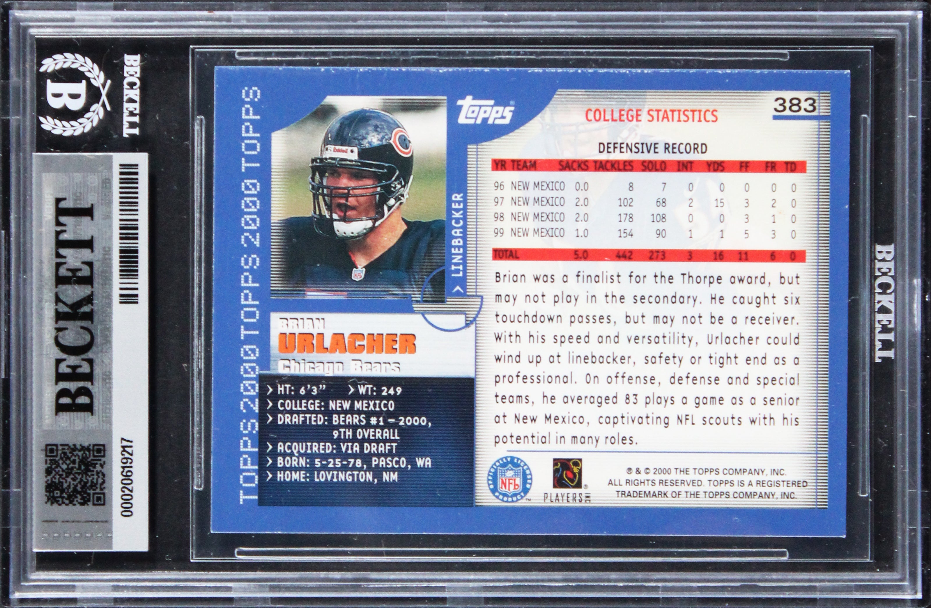 Bears Brian Urlacher "HOF 18" Signed 2000 Topps #383 RC Card Auto 10 BAS Slabbed