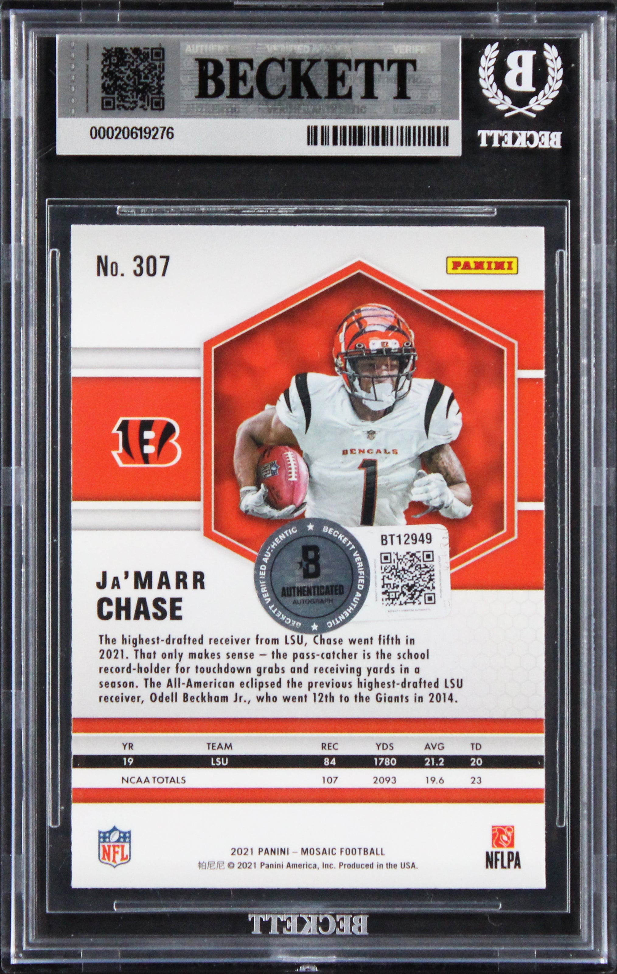 Bengals Ja'Marr Chase Signed 2021 Panini Mosaic #307 RC Card Auto 10! BAS Slab