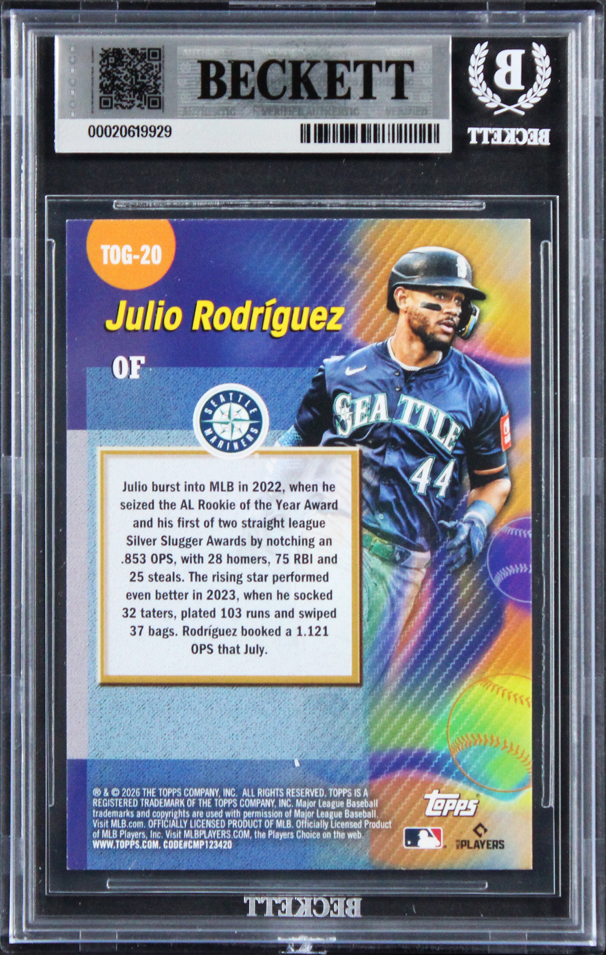 Mariners Julio Rodriguez Signed 2026 Topps #TOG20 Card Auto GM 10! BAS Slabbed