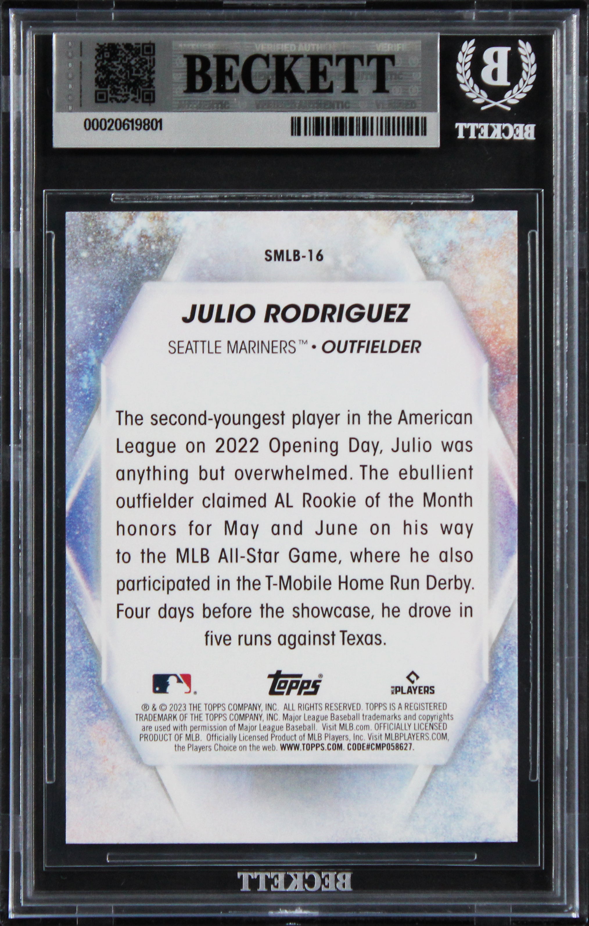 Mariners Julio Rodriguez Signed 2023 Topps #SMLB16 Card Auto GM 10! BAS Slabbed