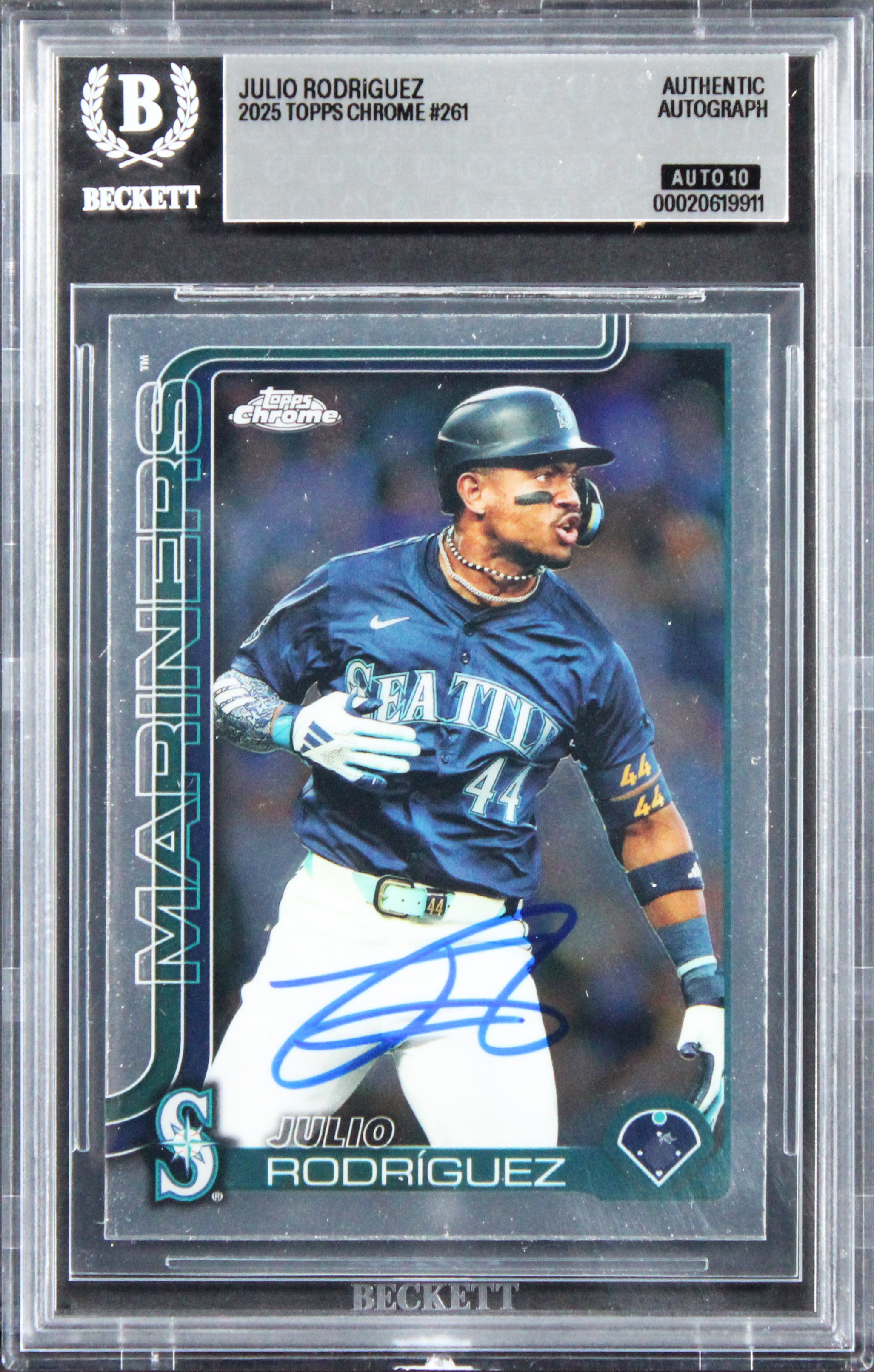 Mariners Julio Rodriguez Signed 2025 Topps Chrome #261 Card Auto 10! BAS Slabbed